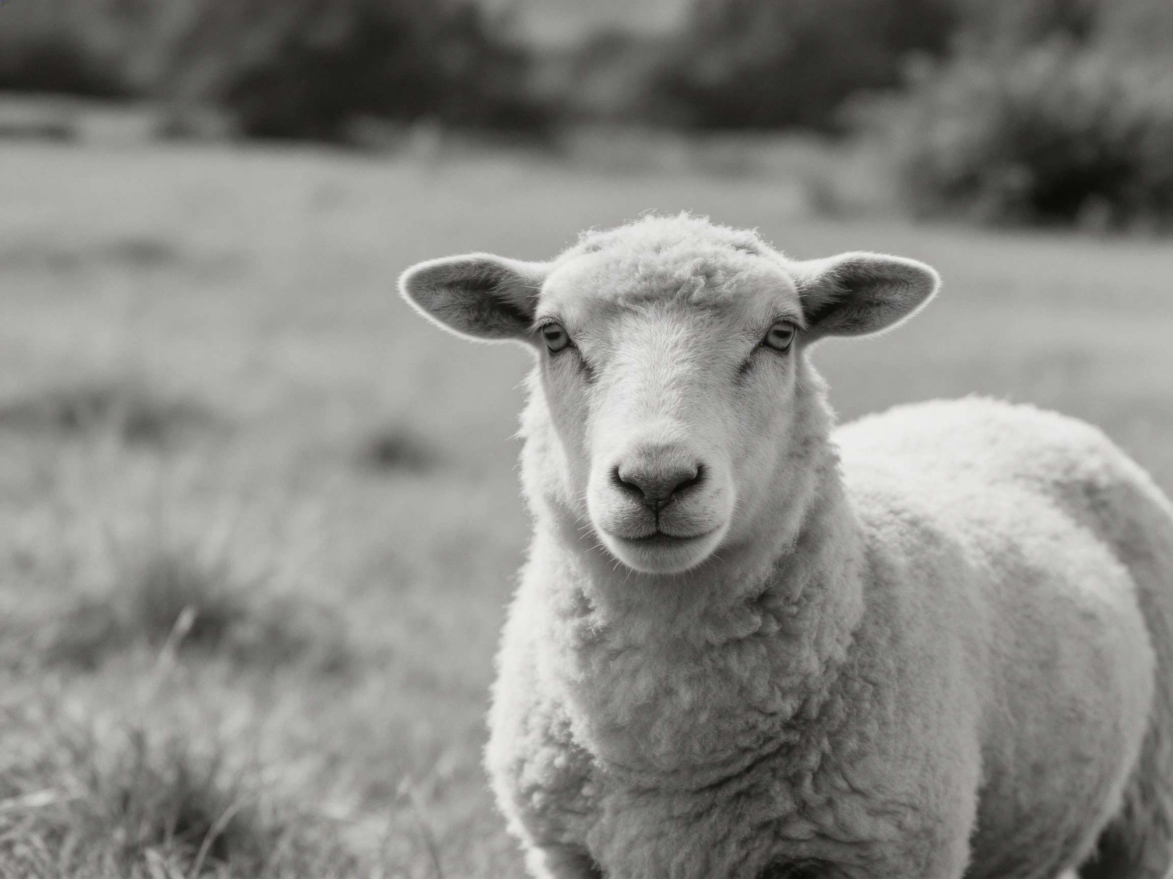 A single sheep is depicted in a black-and-white pastoral scene.