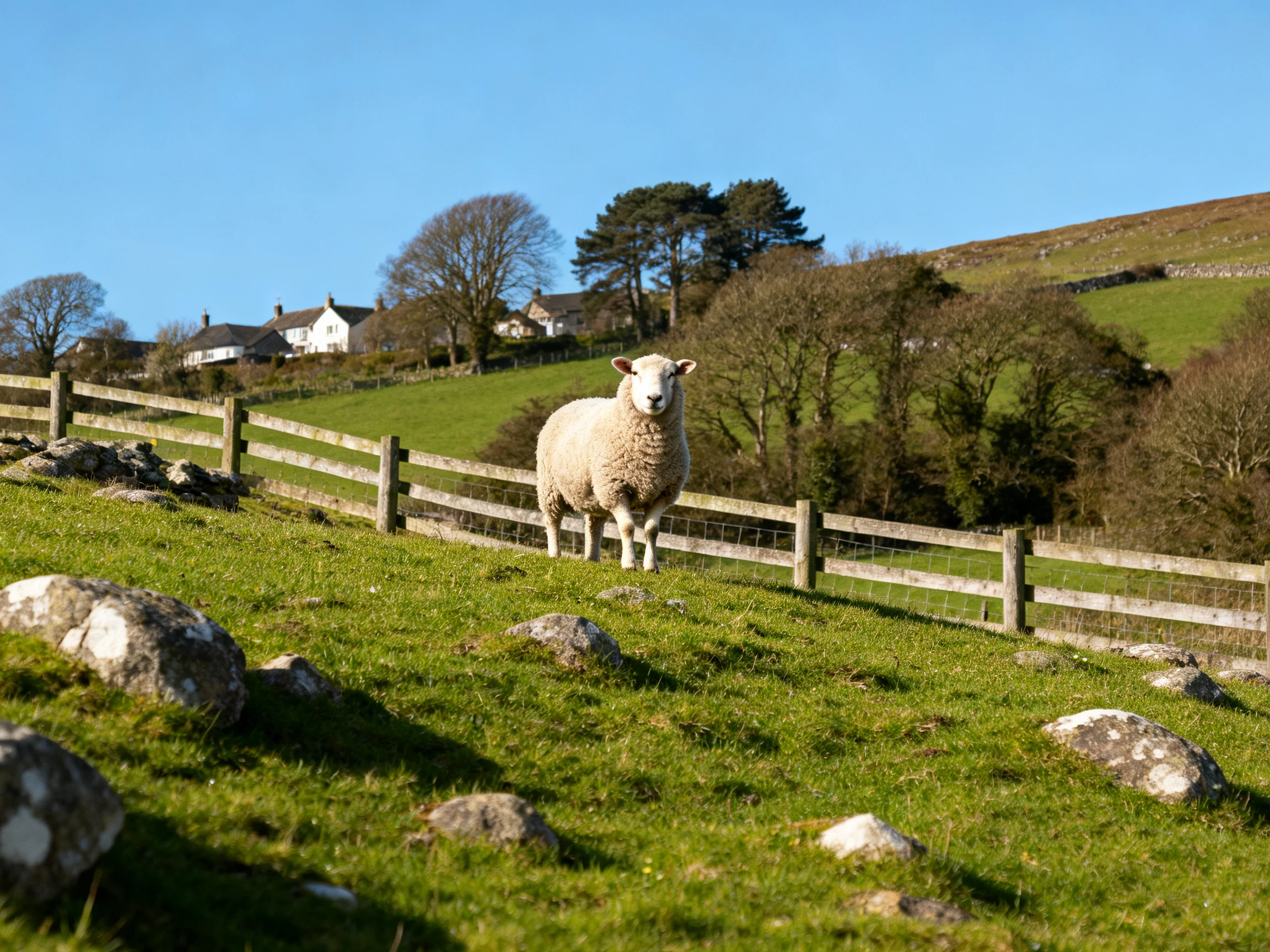 Single sheep near wooden fence in lush green pasture