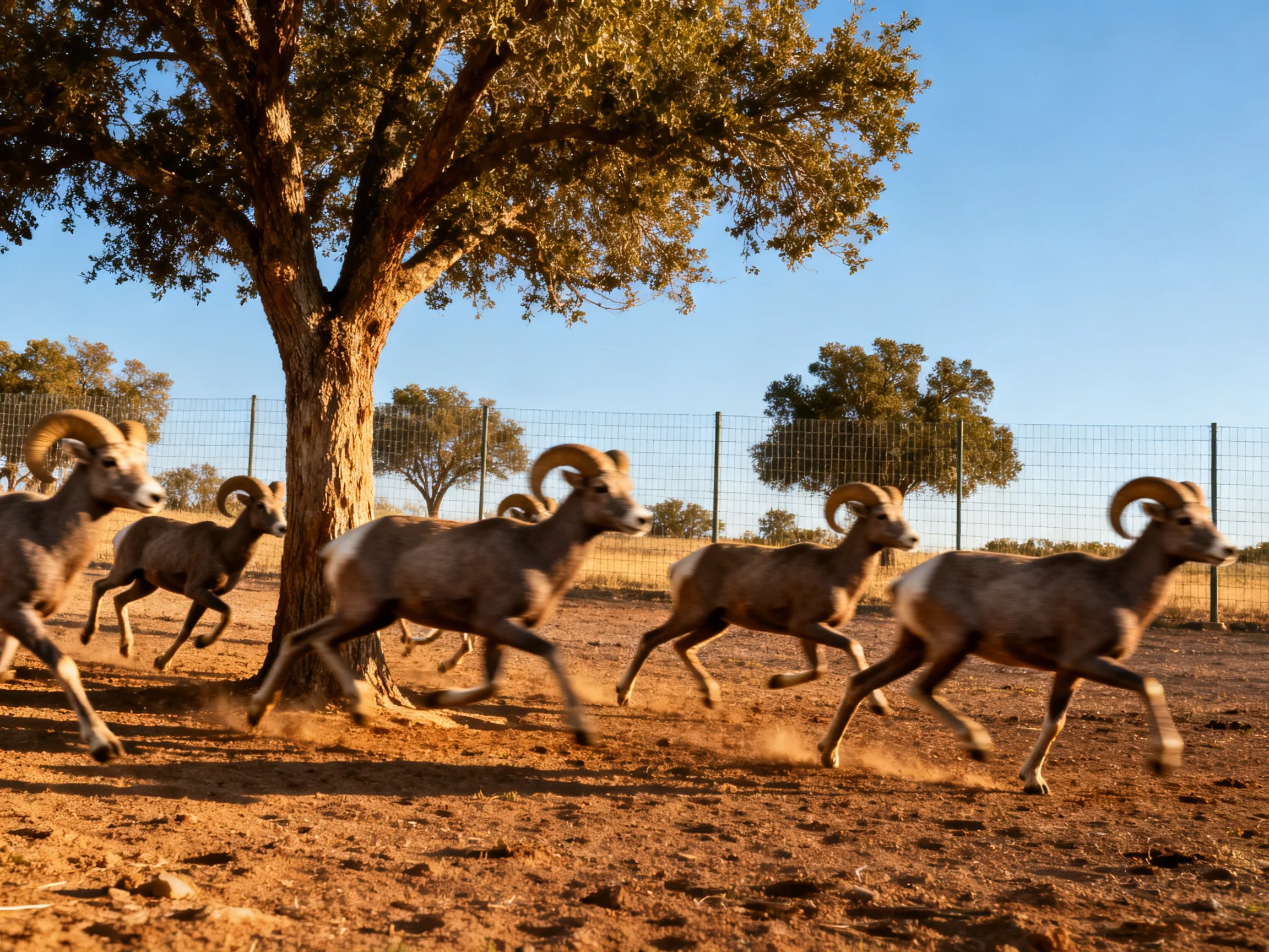 Six bighorn sheep sprinting past a large oak tree under clear blue skies