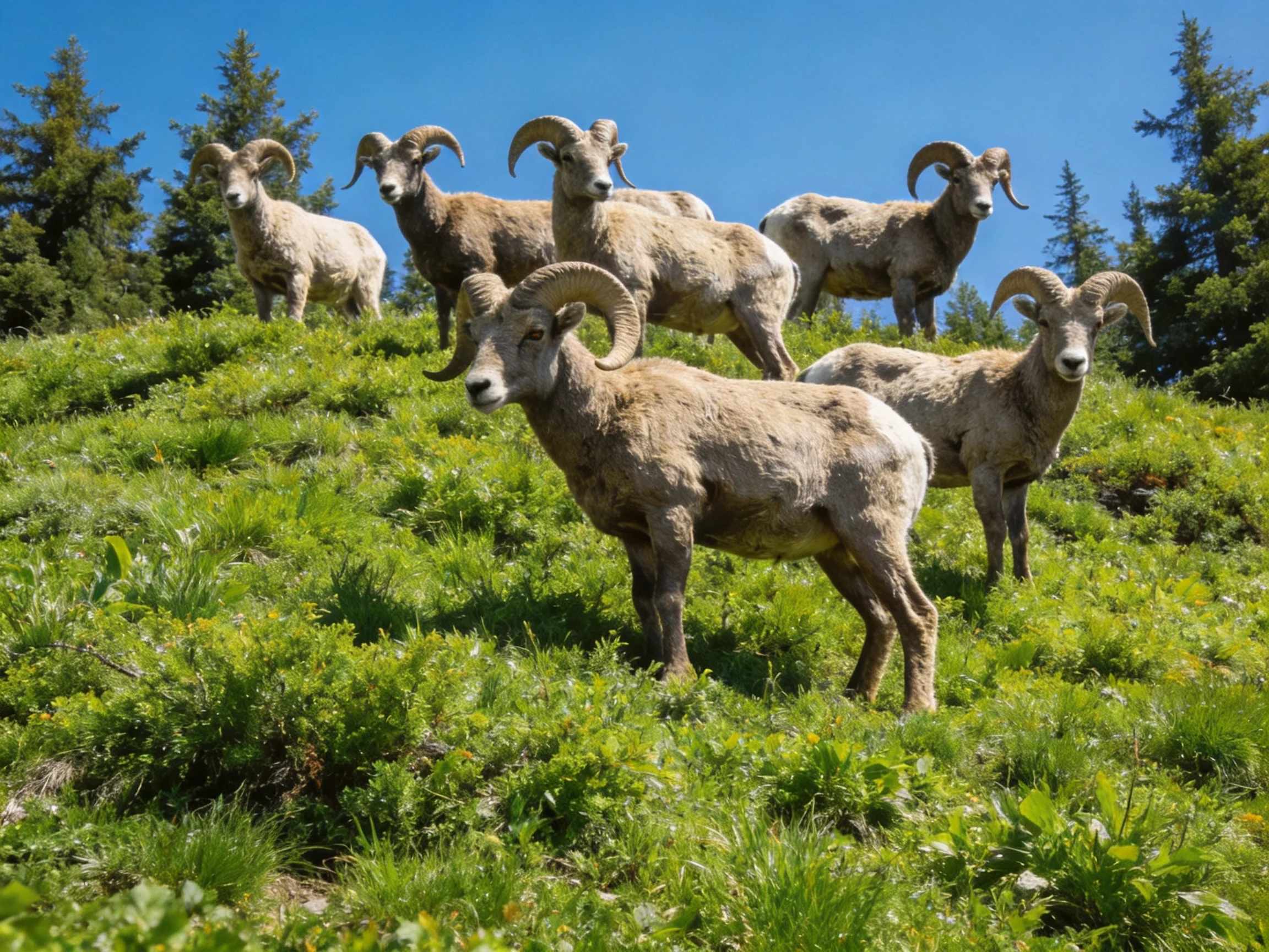 Six bighorn sheep with curved horns on lush green hillside