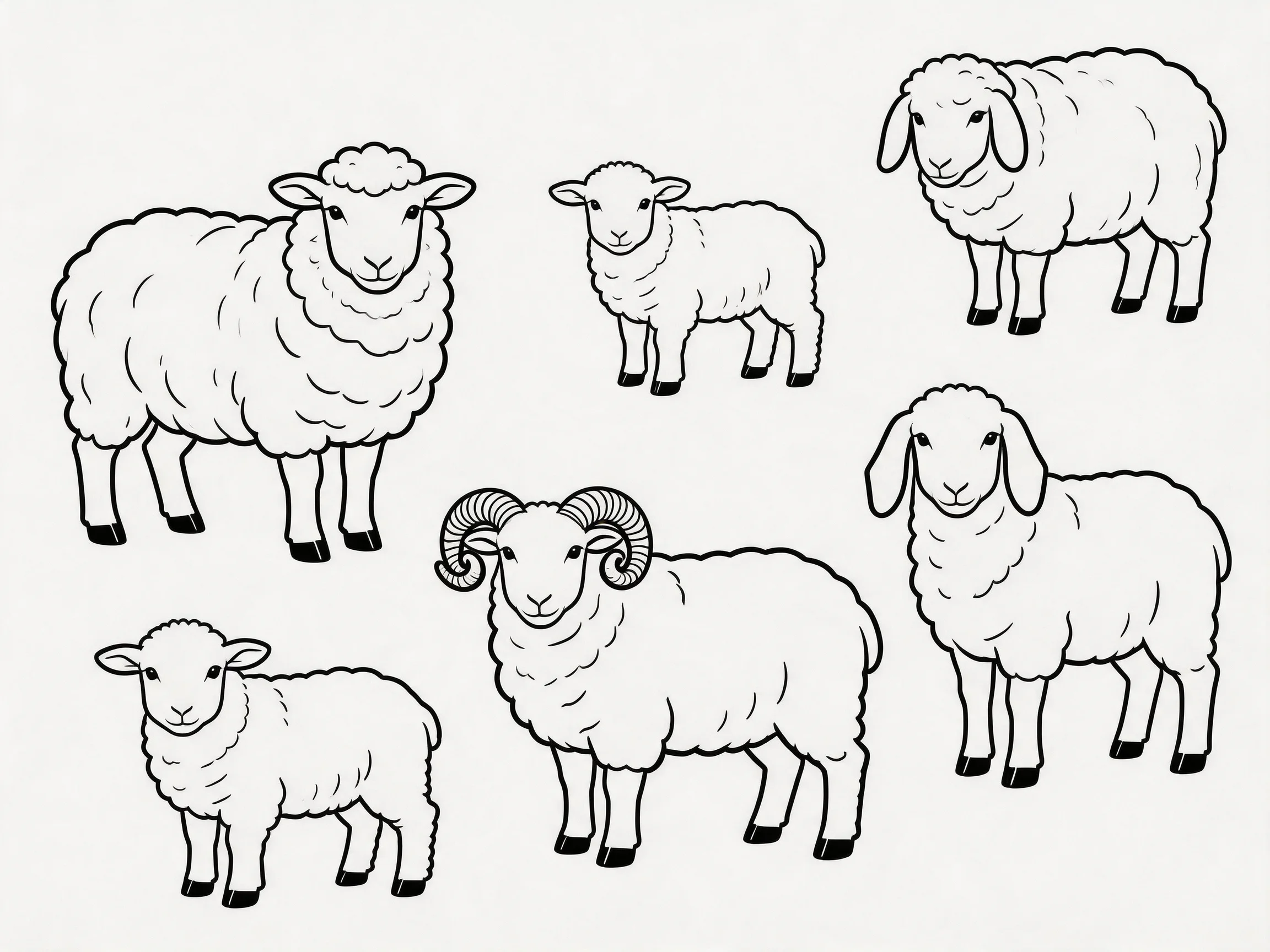 Six black-and-white sheep illustrations with varied sizes and features