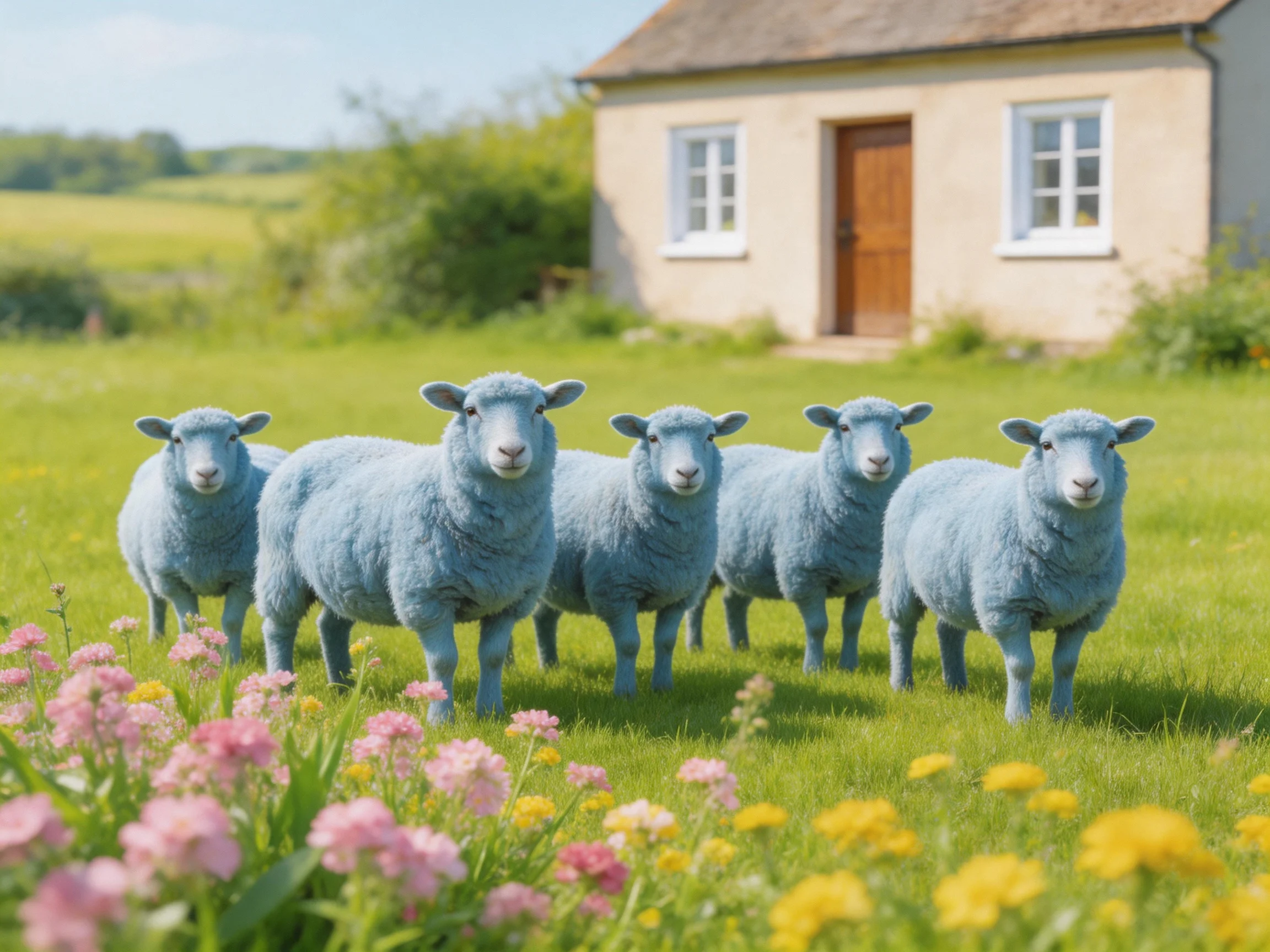 Six blue sheep stand in a green meadow near a beige cottage