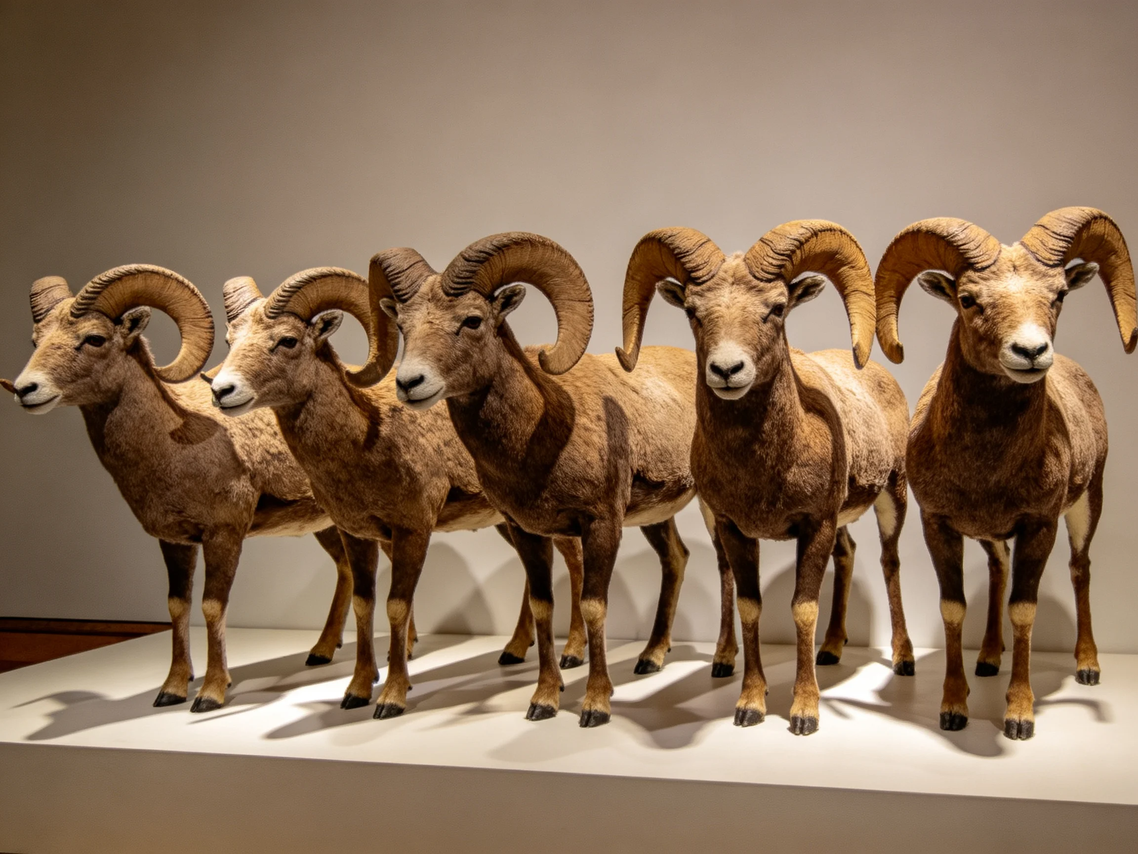 Six brown bighorn sheep taxidermy specimens arranged in a museum