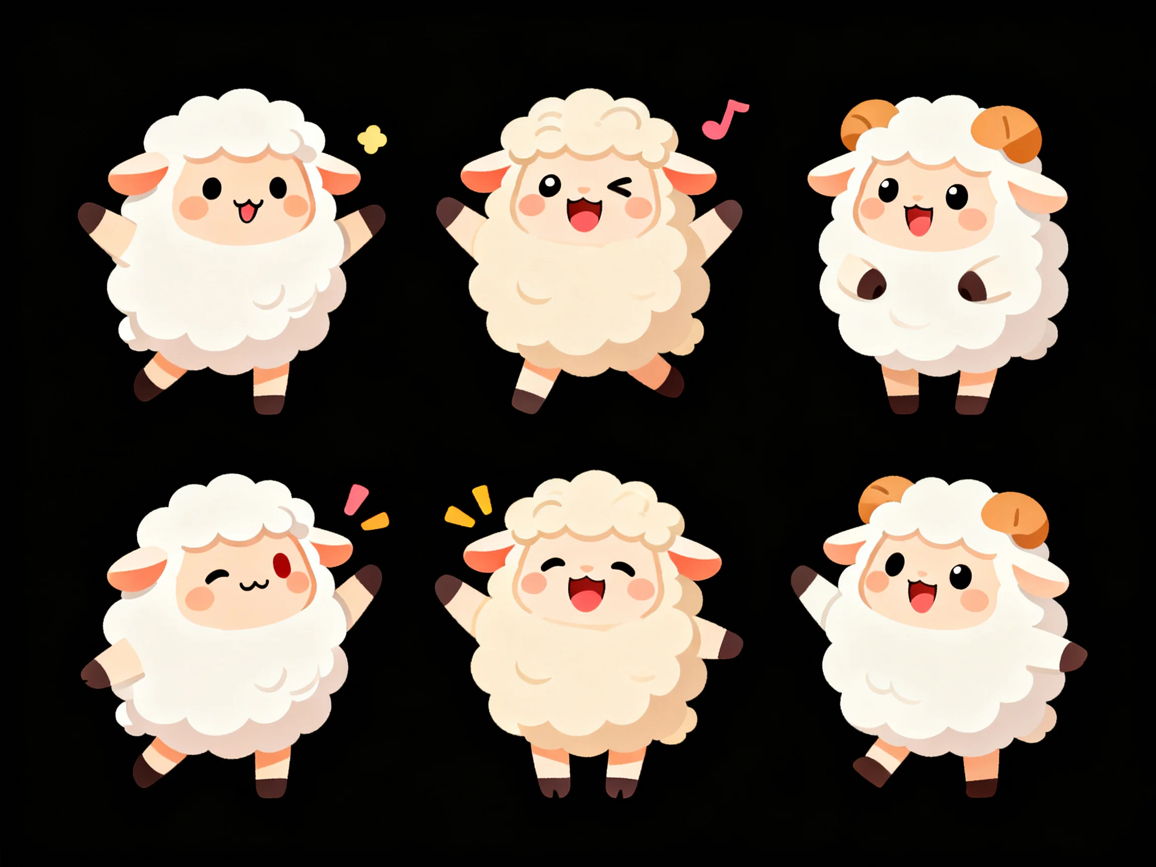 Six cartoon sheep characters with varied expressions