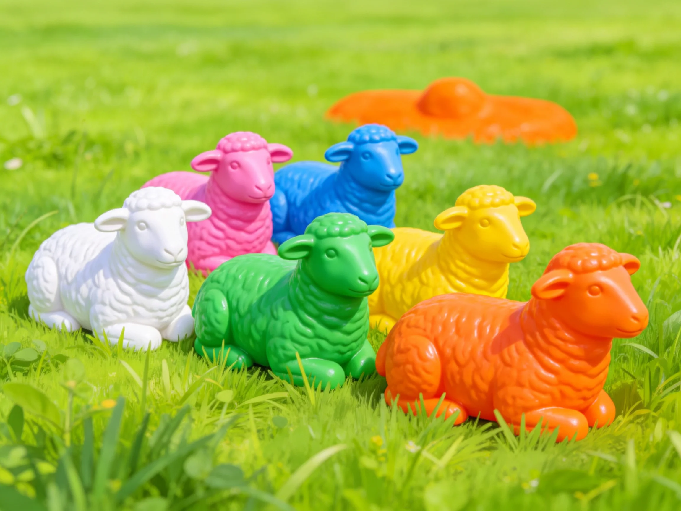 Six colorful plastic sheep toys arranged on lush green grass