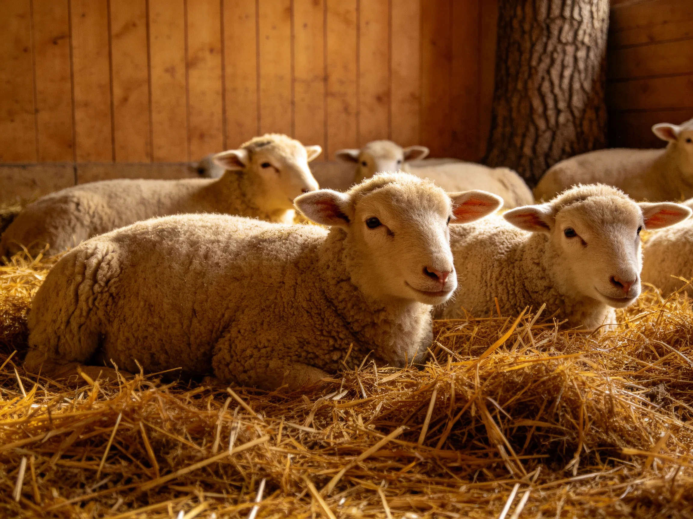 Six fluffy lambs rest on golden straw in a wooden barn