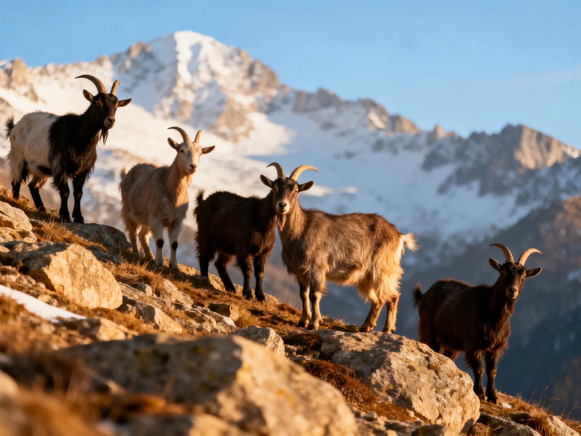 Six goats of varied hues stand on rugged rocky terrain beside snow-draped mountains.
