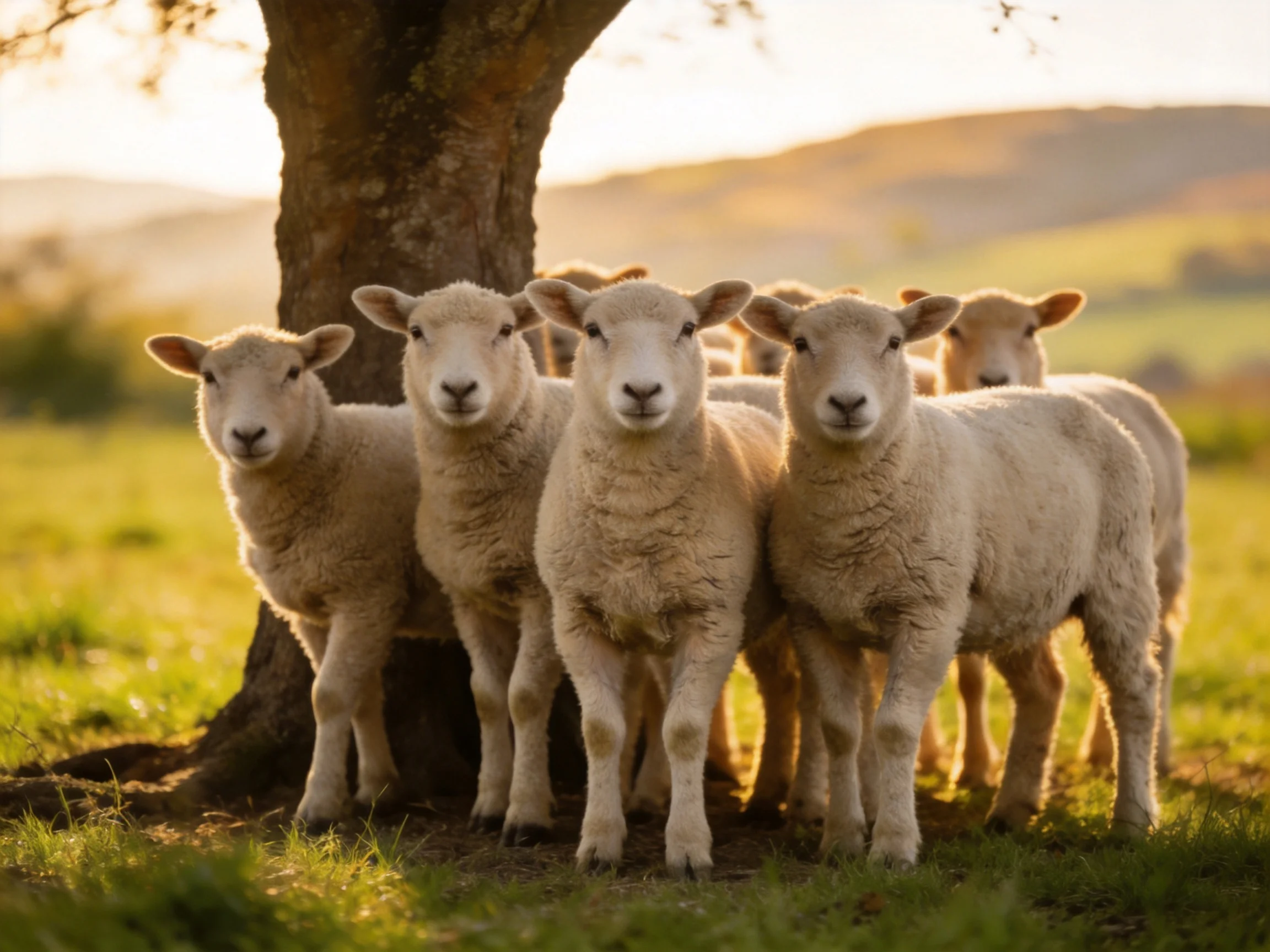 Six lambs huddle near a large tree in golden sunlight