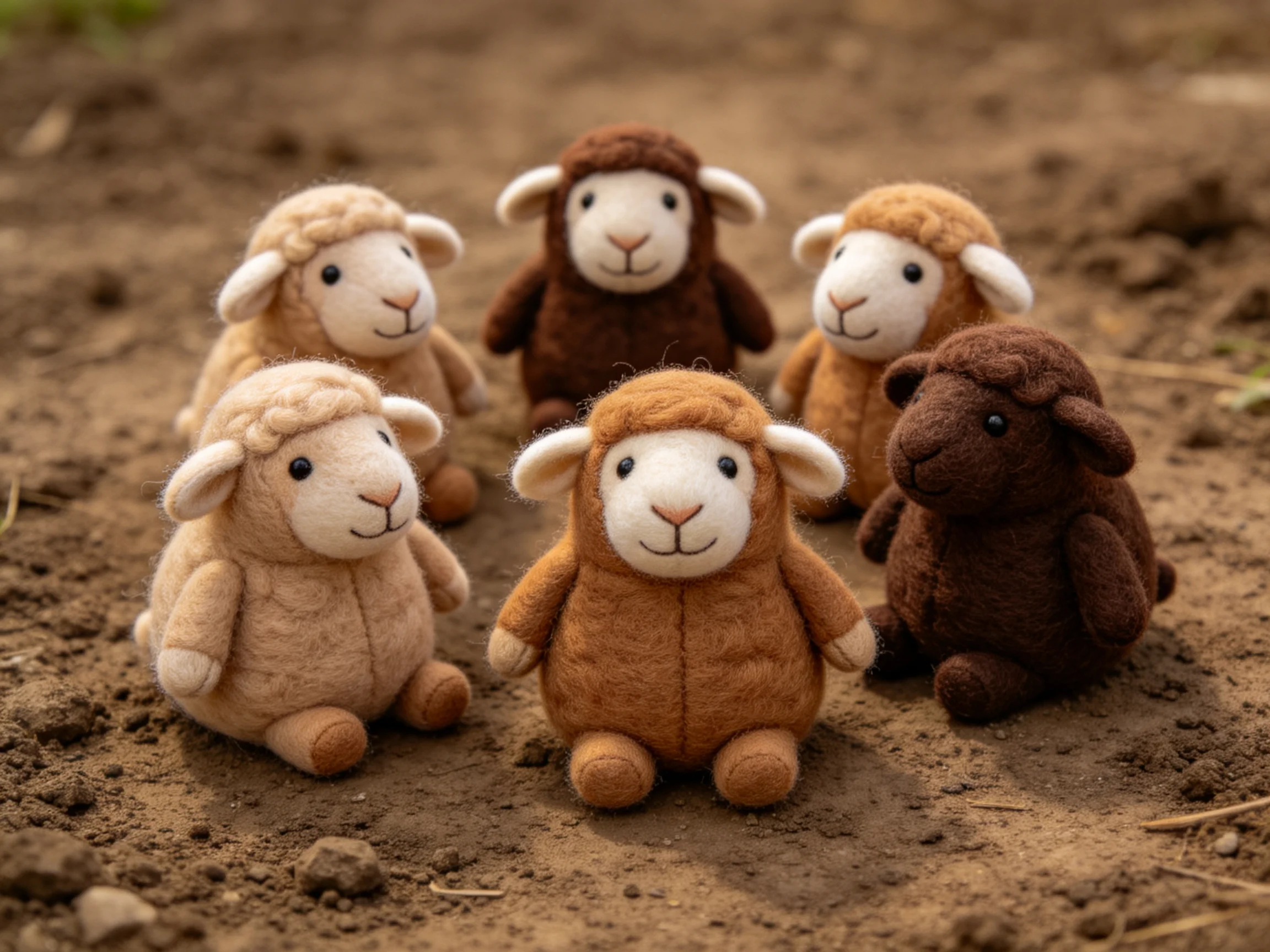 Six plush sheep toys in varied brown hues on soil
