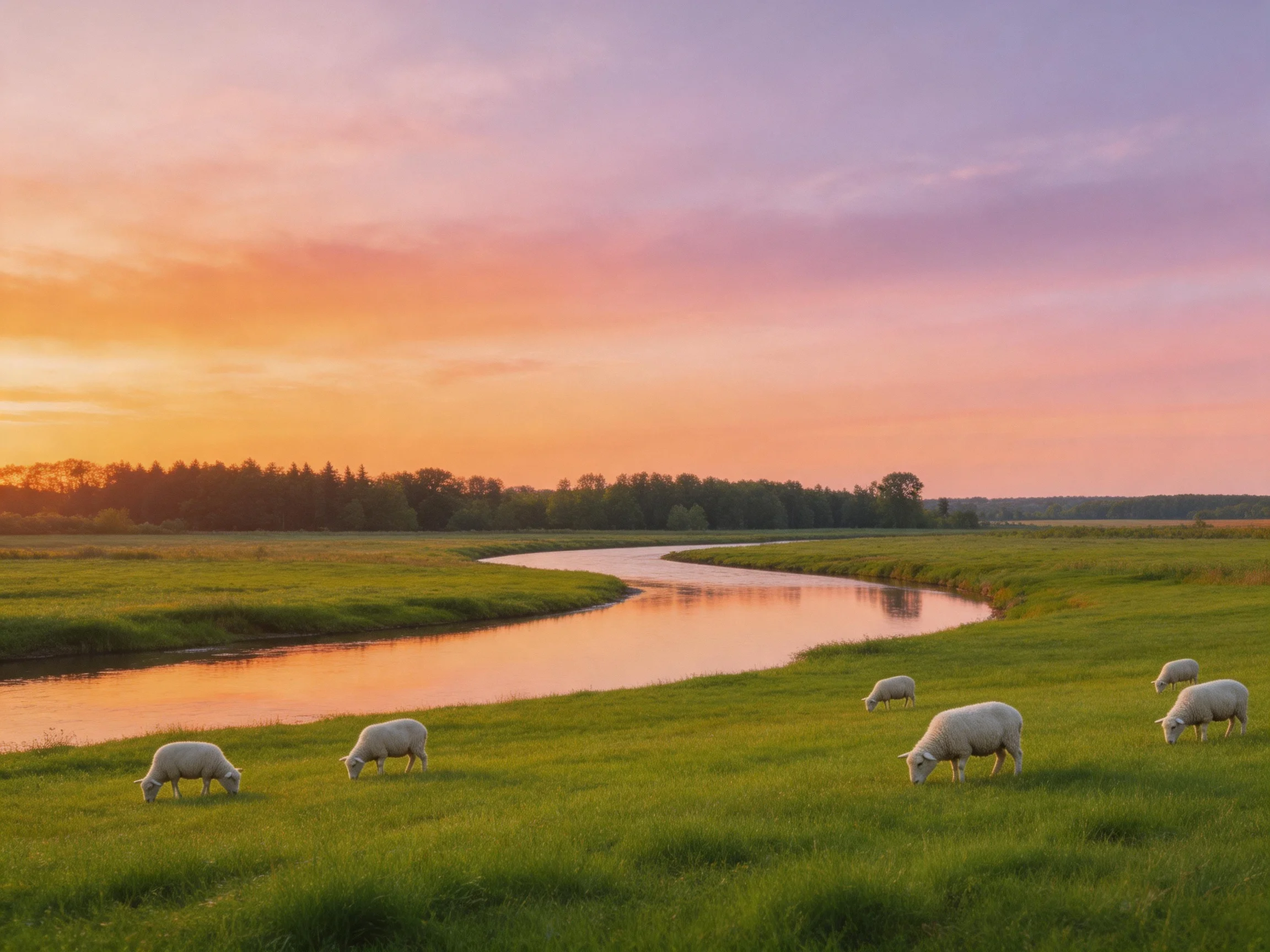 Six sheep graze by a winding river under a colorful sunset sky