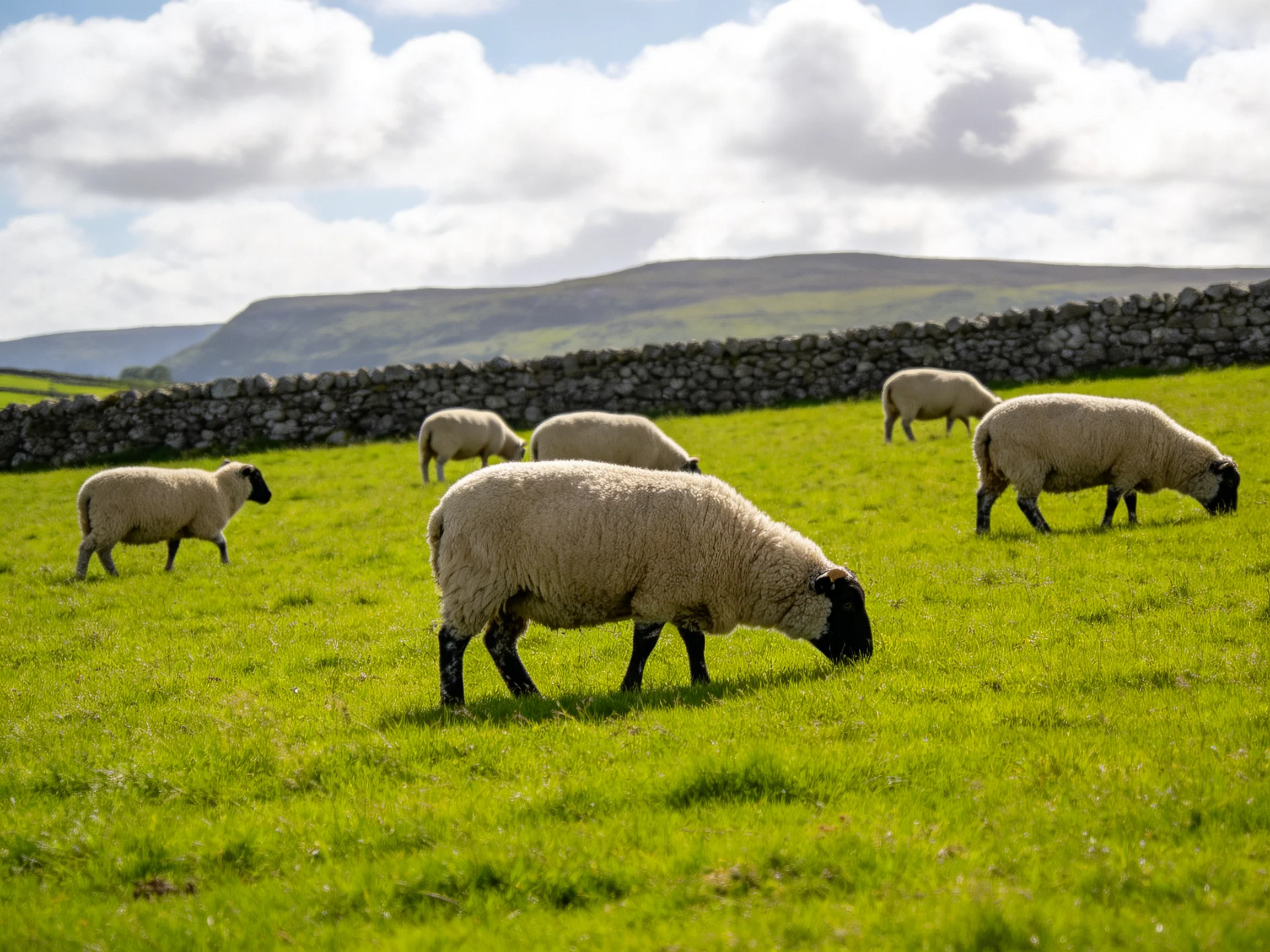 Six sheep graze in a lush green pasture near a stone wall