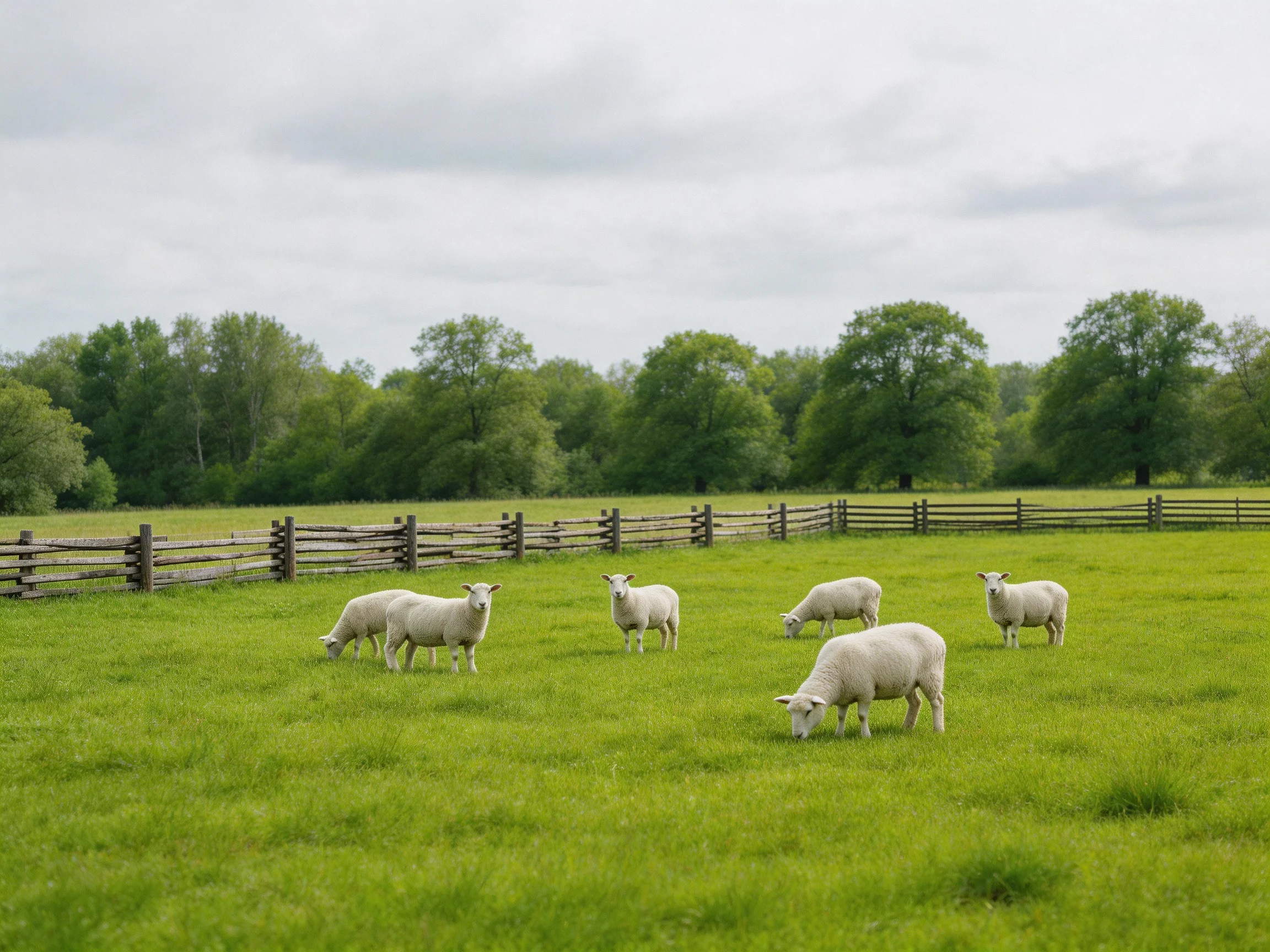 Six sheep graze in a lush green pasture near a wooden fence