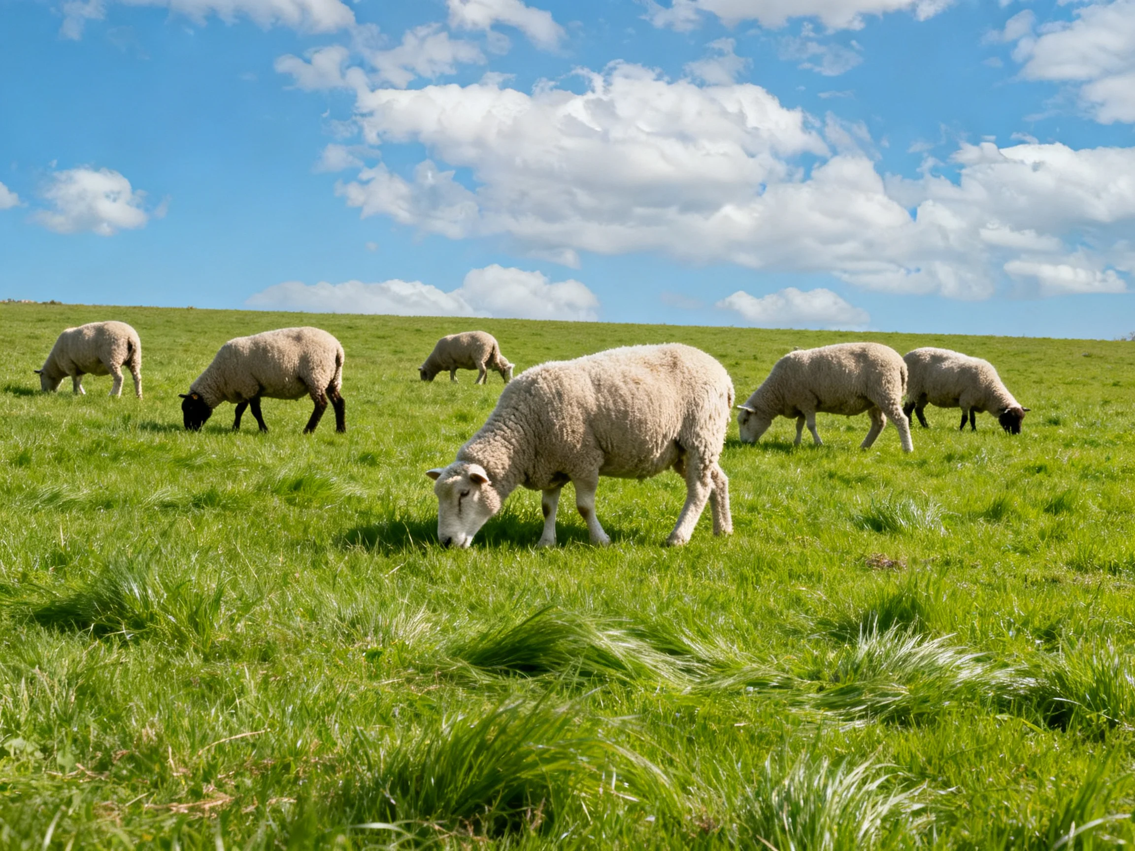 Six sheep graze in a lush green pasture under bright blue sky