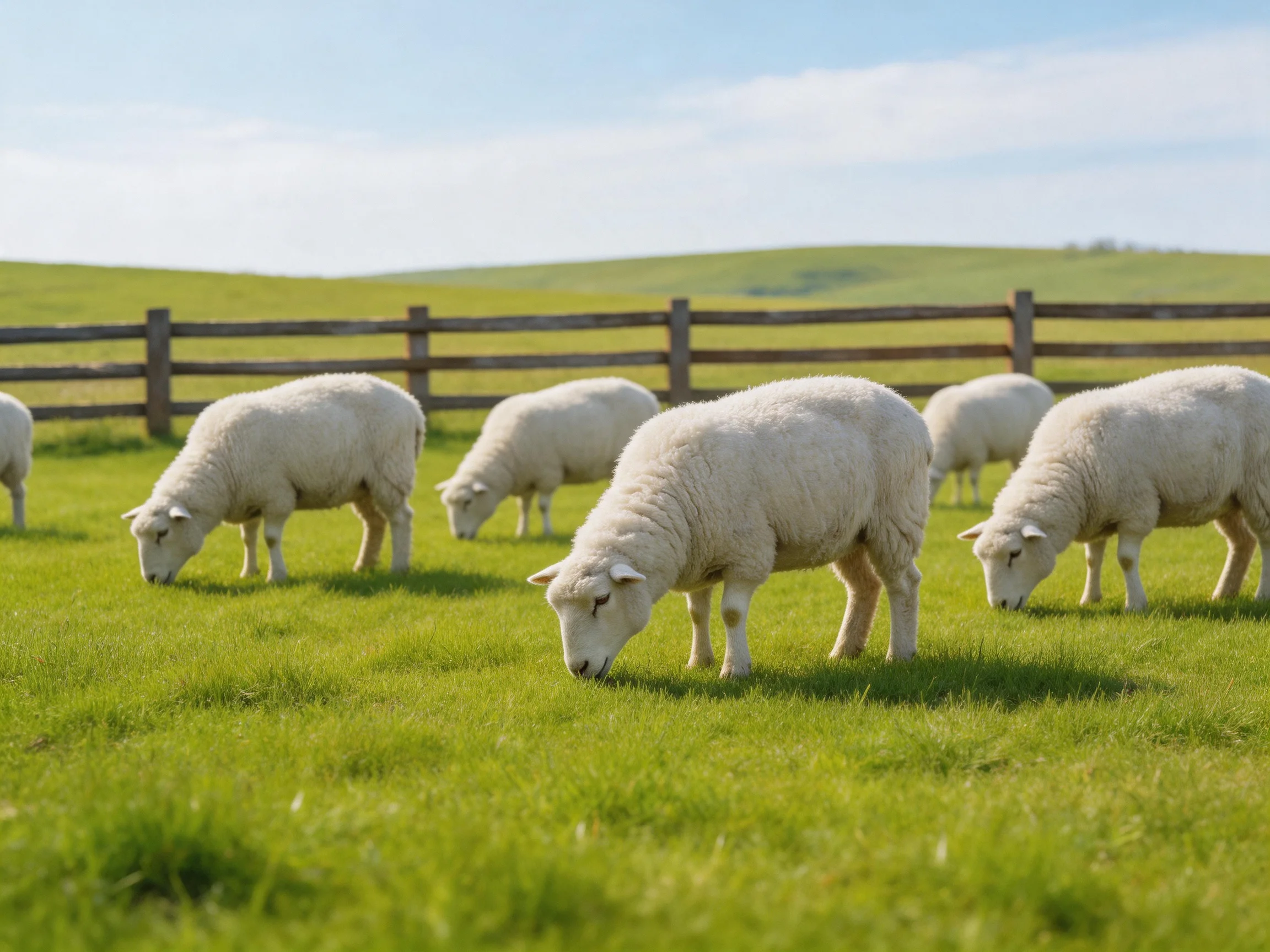 Six sheep graze in a lush green pasture with a wooden fence