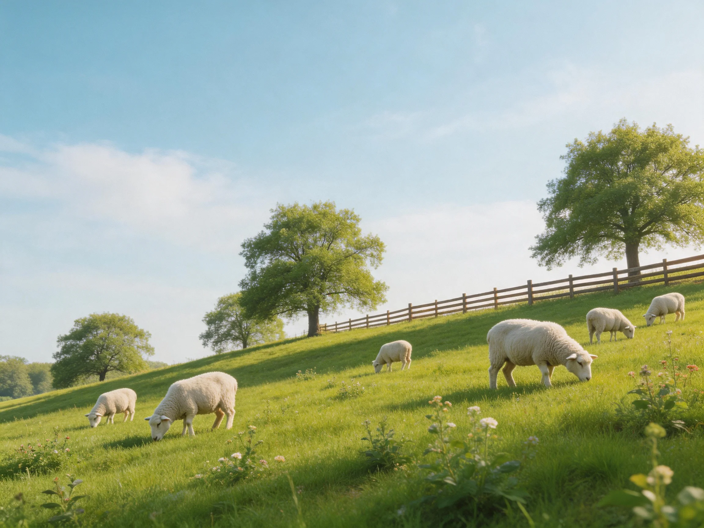 Six sheep graze on a lush green hillside with tall trees