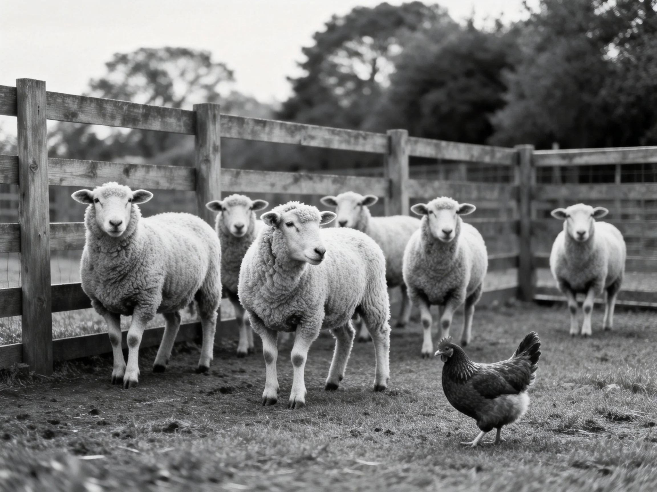 Six sheep near wooden fence with one chicken