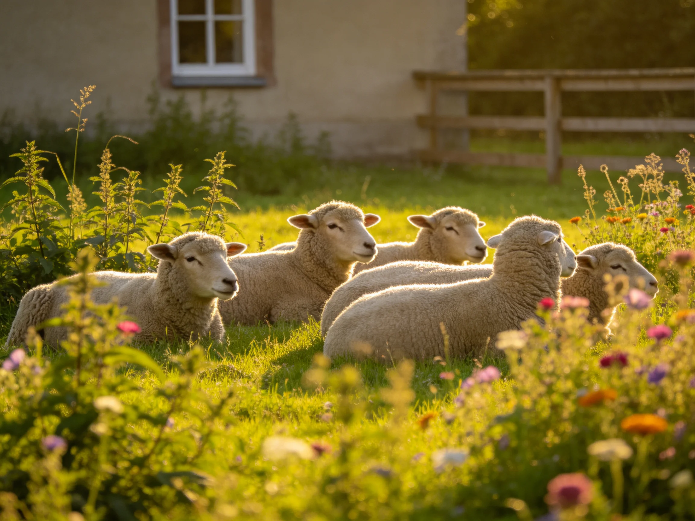 Six sheep rest in a sunlit meadow with wildflowers near a stone building