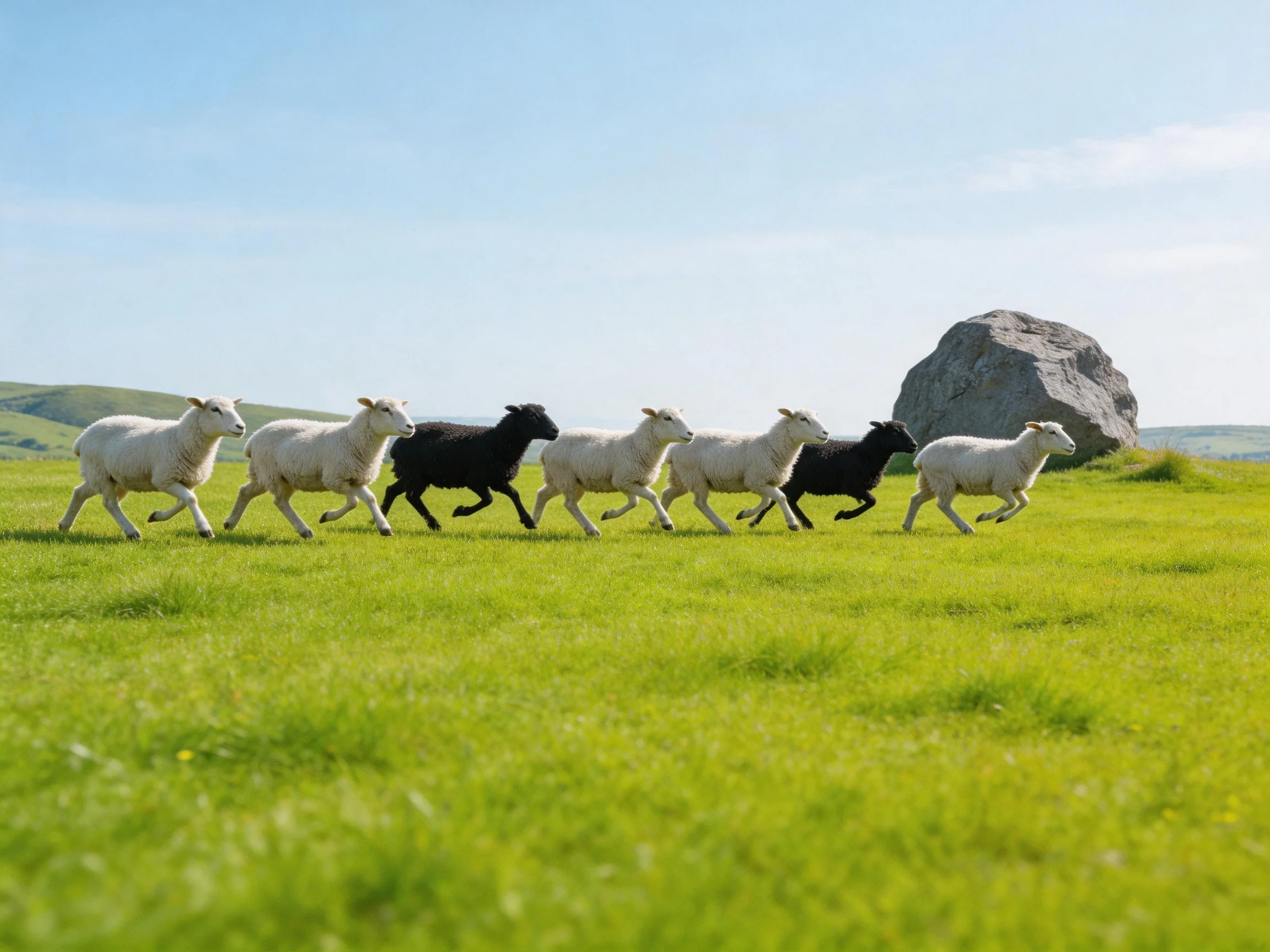 Six sheep, two black, run across a lush green meadow near a large rock