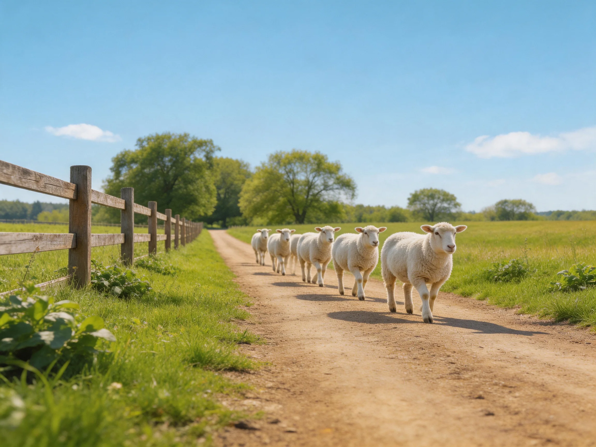 Six sheep walk along a dirt path near a wooden fence