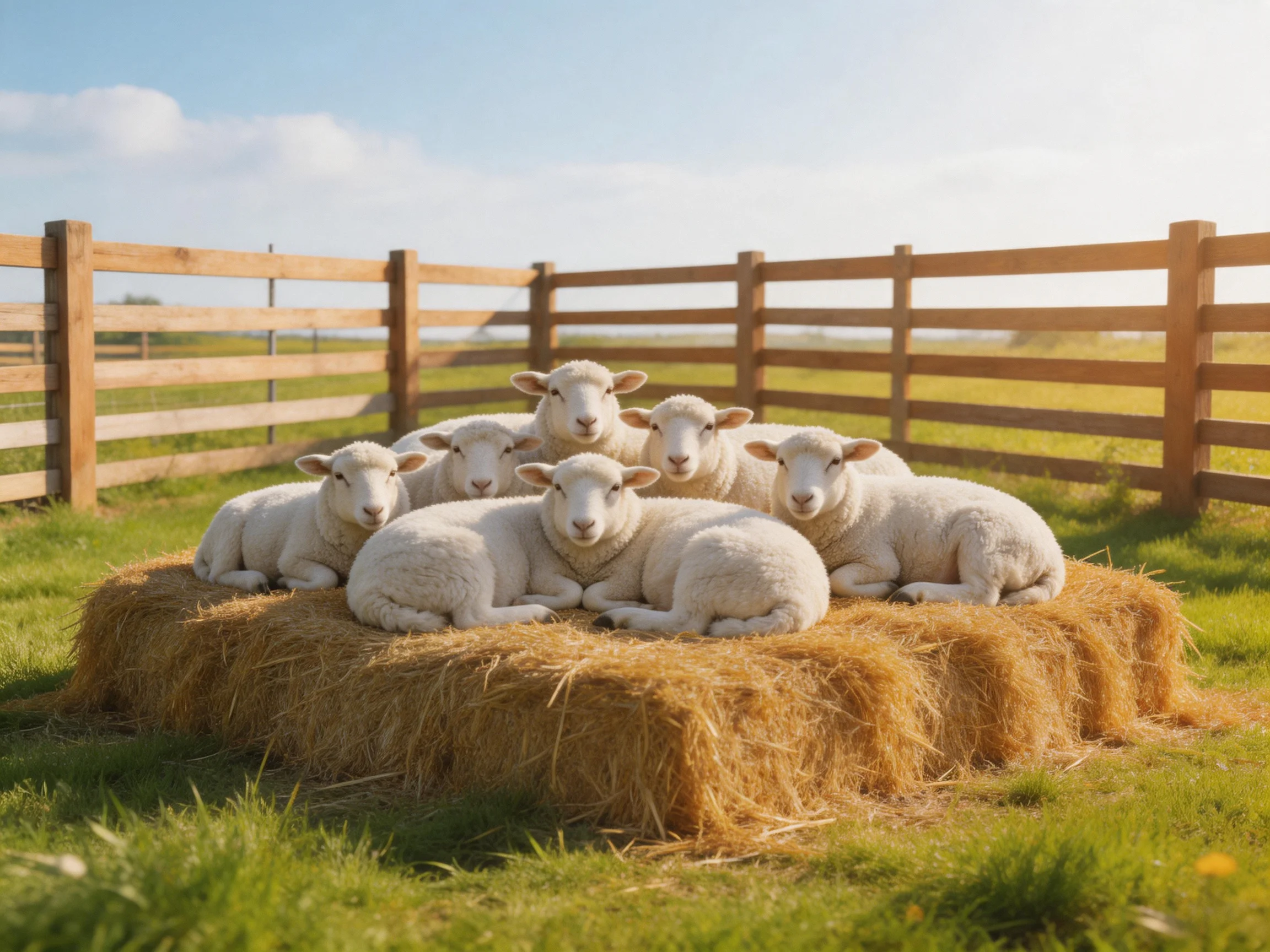 Six white lambs rest on a golden hay bale near wooden fences.