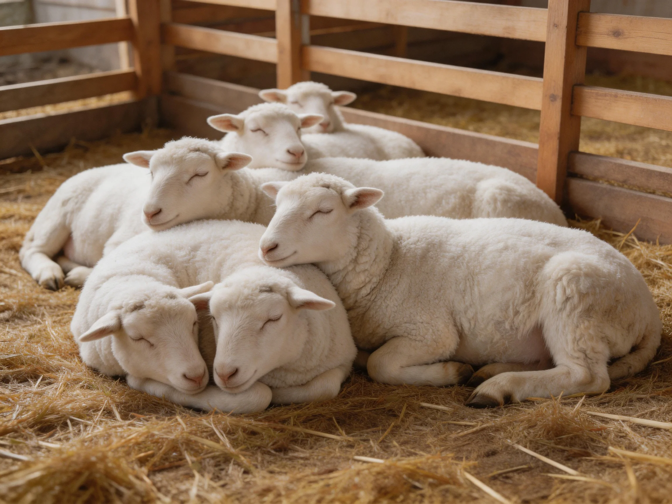 Six white lambs rest together on golden straw inside wooden pens.