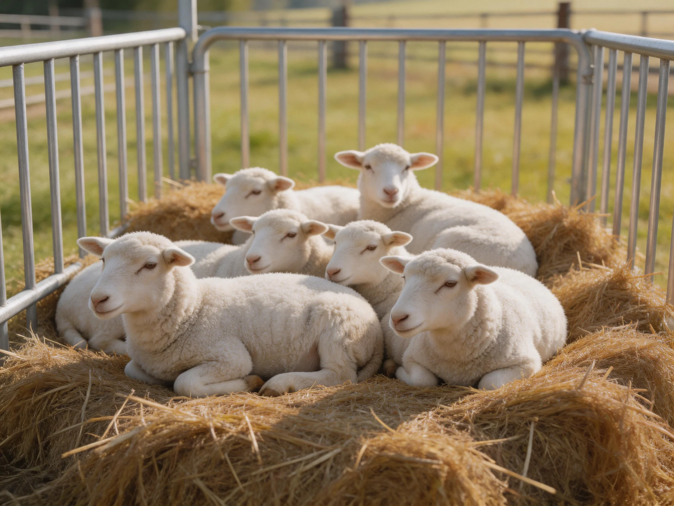 Six white lambs resting on golden hay in a metal pen