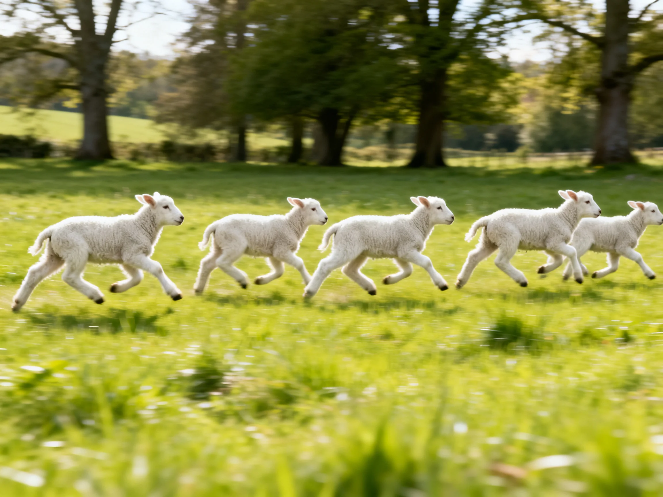 Six white lambs running through a sunlit green meadow