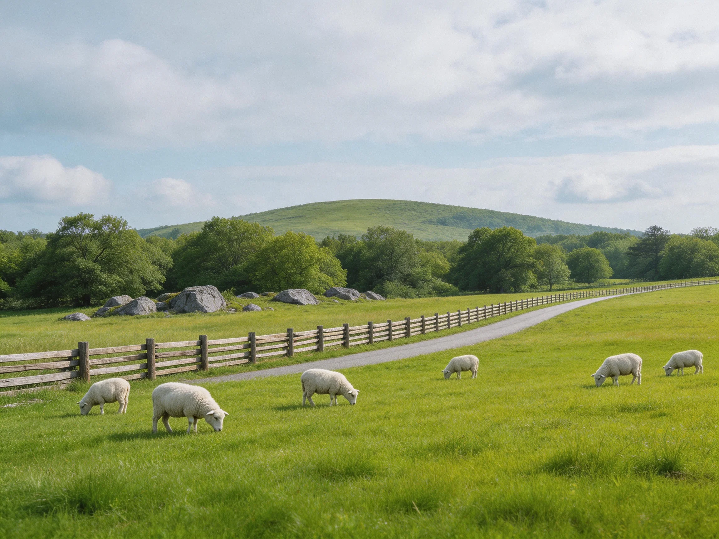 Six white sheep graze in a lush green pasture beside a wooden fence with rolling hills