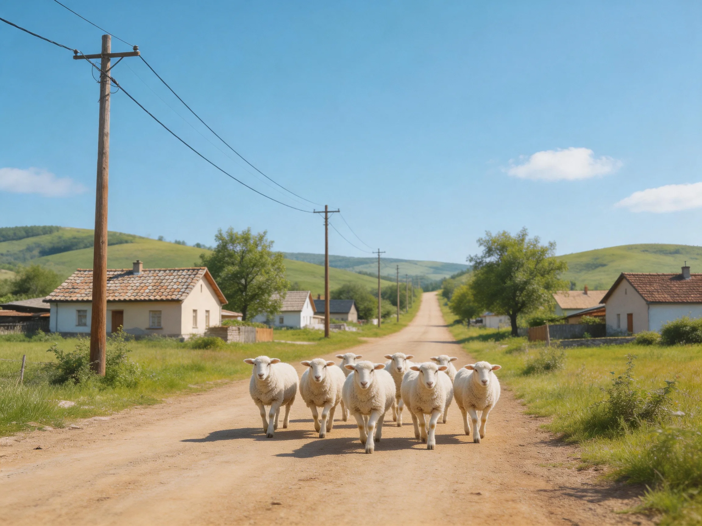 Six white sheep march along a dusty country road past cottages