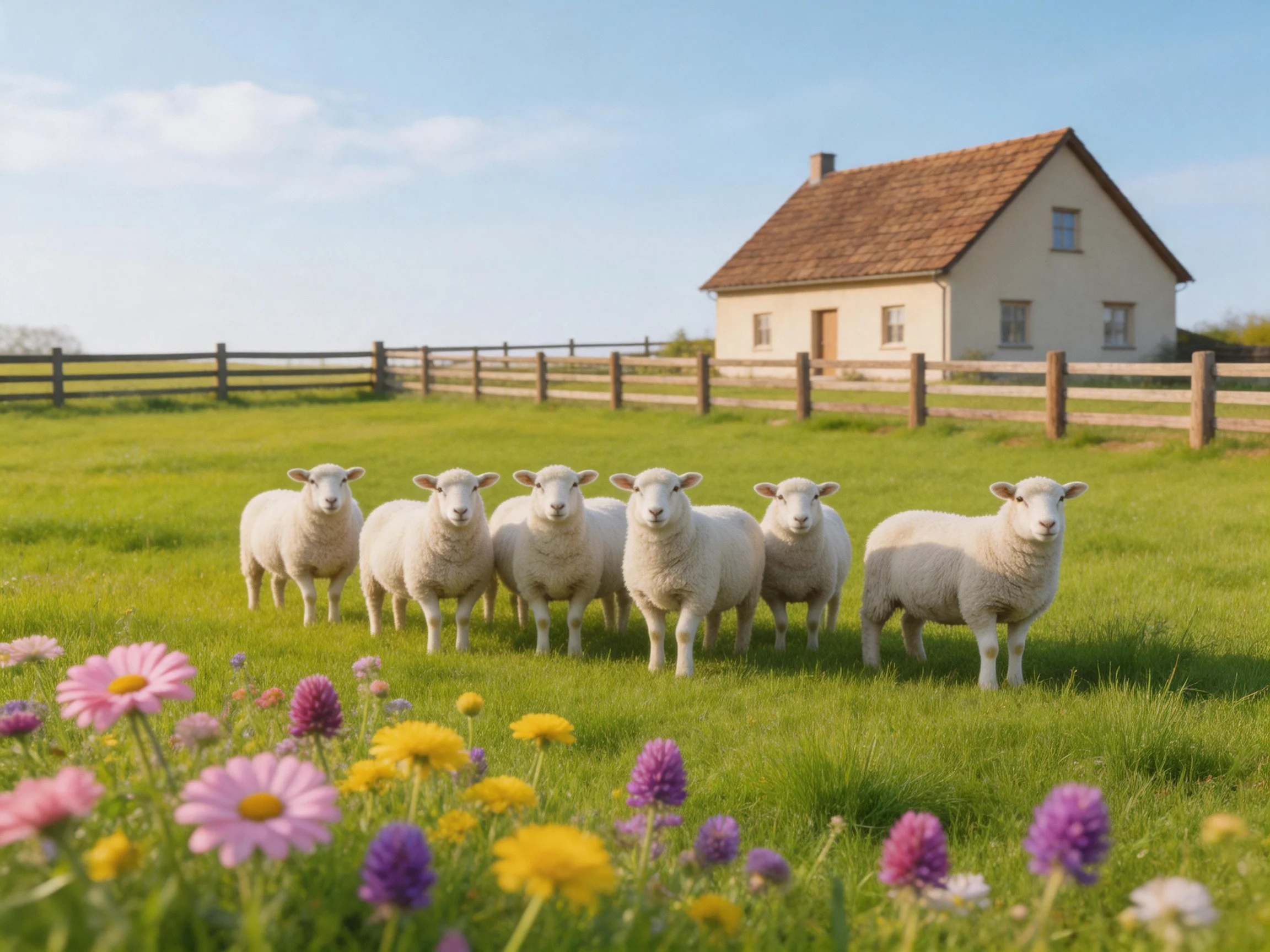 Six white sheep near a beige farmhouse with colorful wildflowers