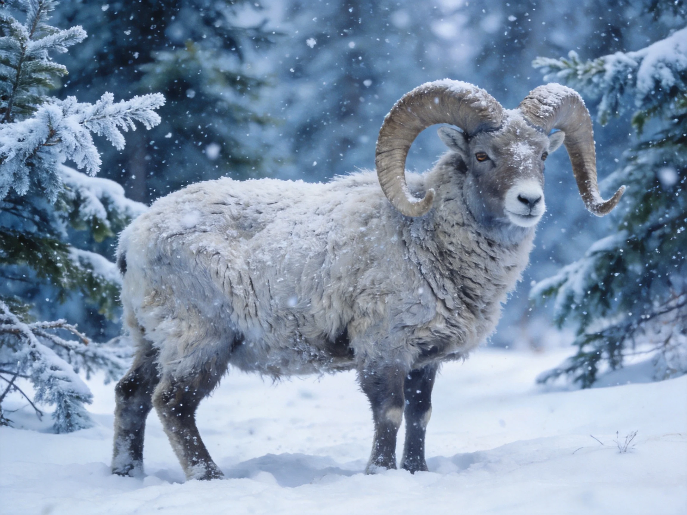 Snow-covered bighorn sheep among frosty pines