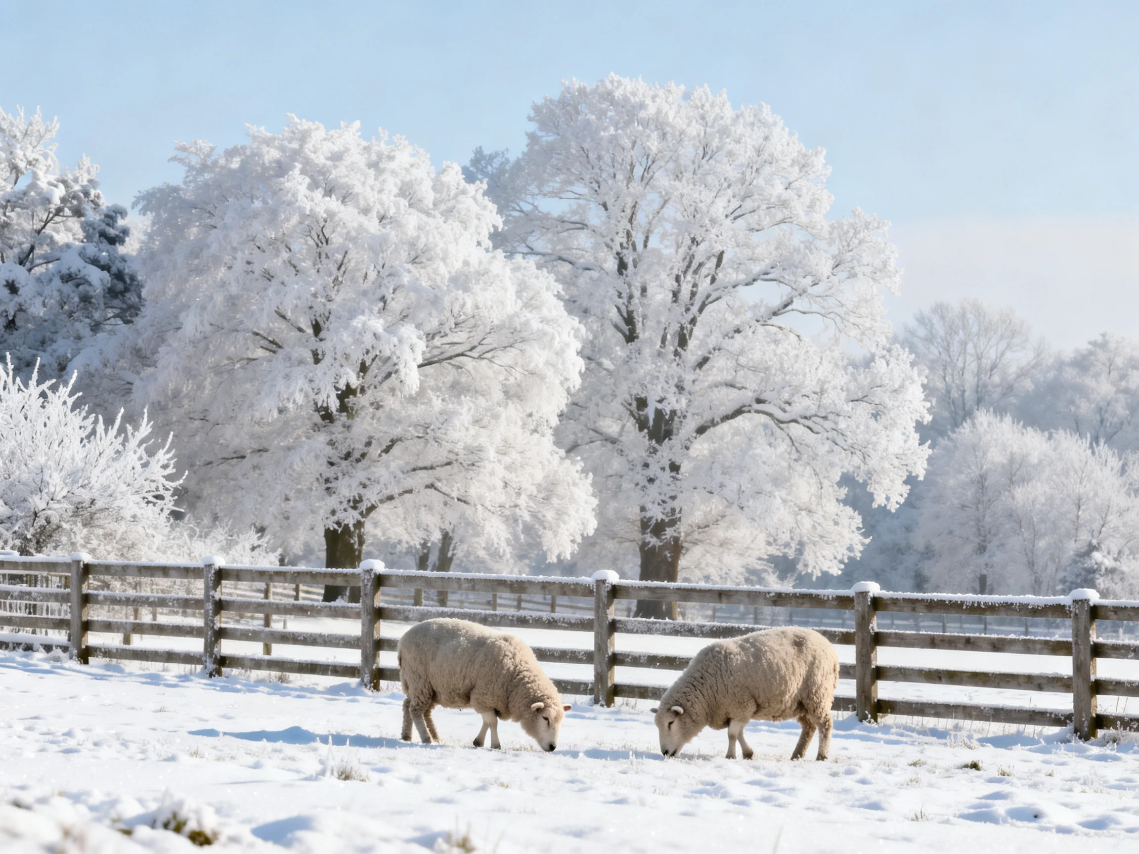 Snow-covered trees, sheep, and wooden fence in winter landscape