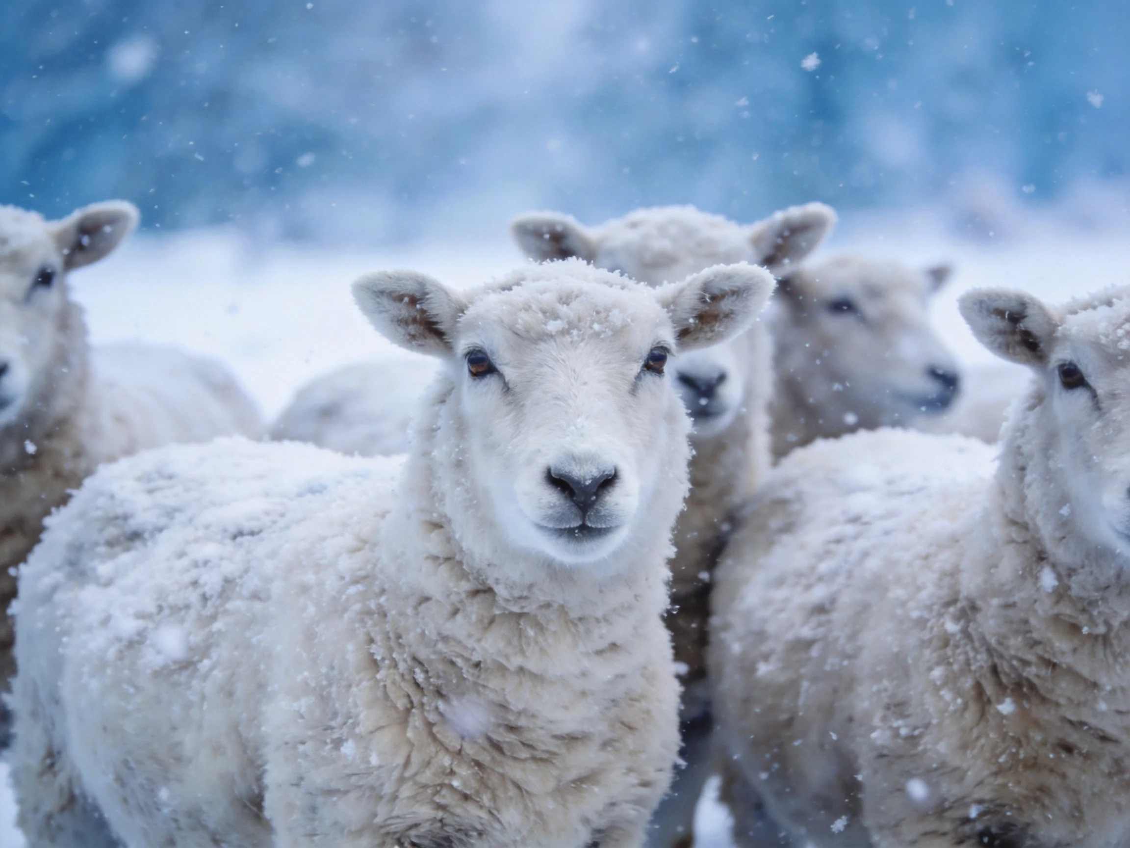 Snow-laden sheep gather in a winter landscape