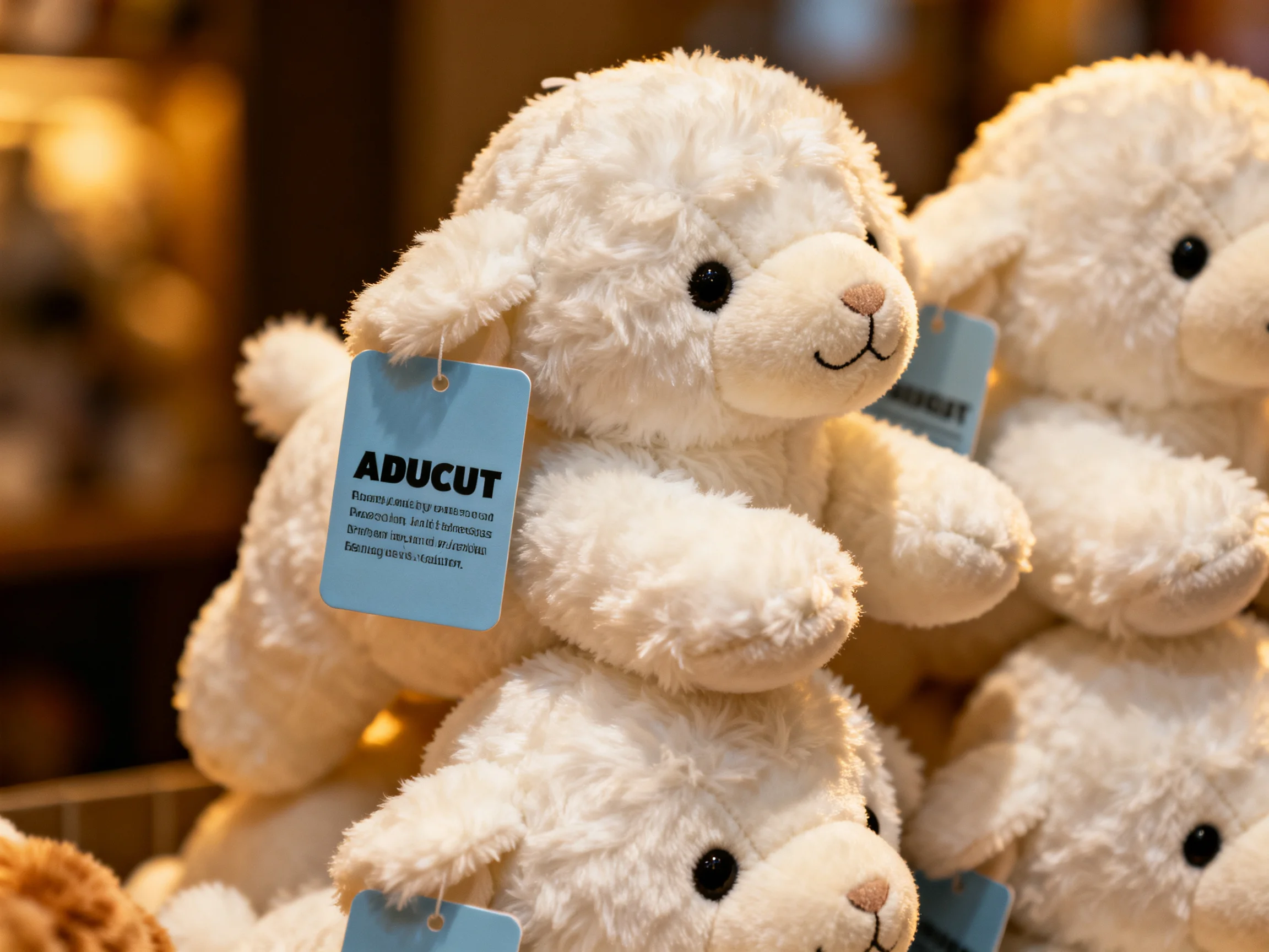 Stacked white plush lambs with blue ADUCUT tags