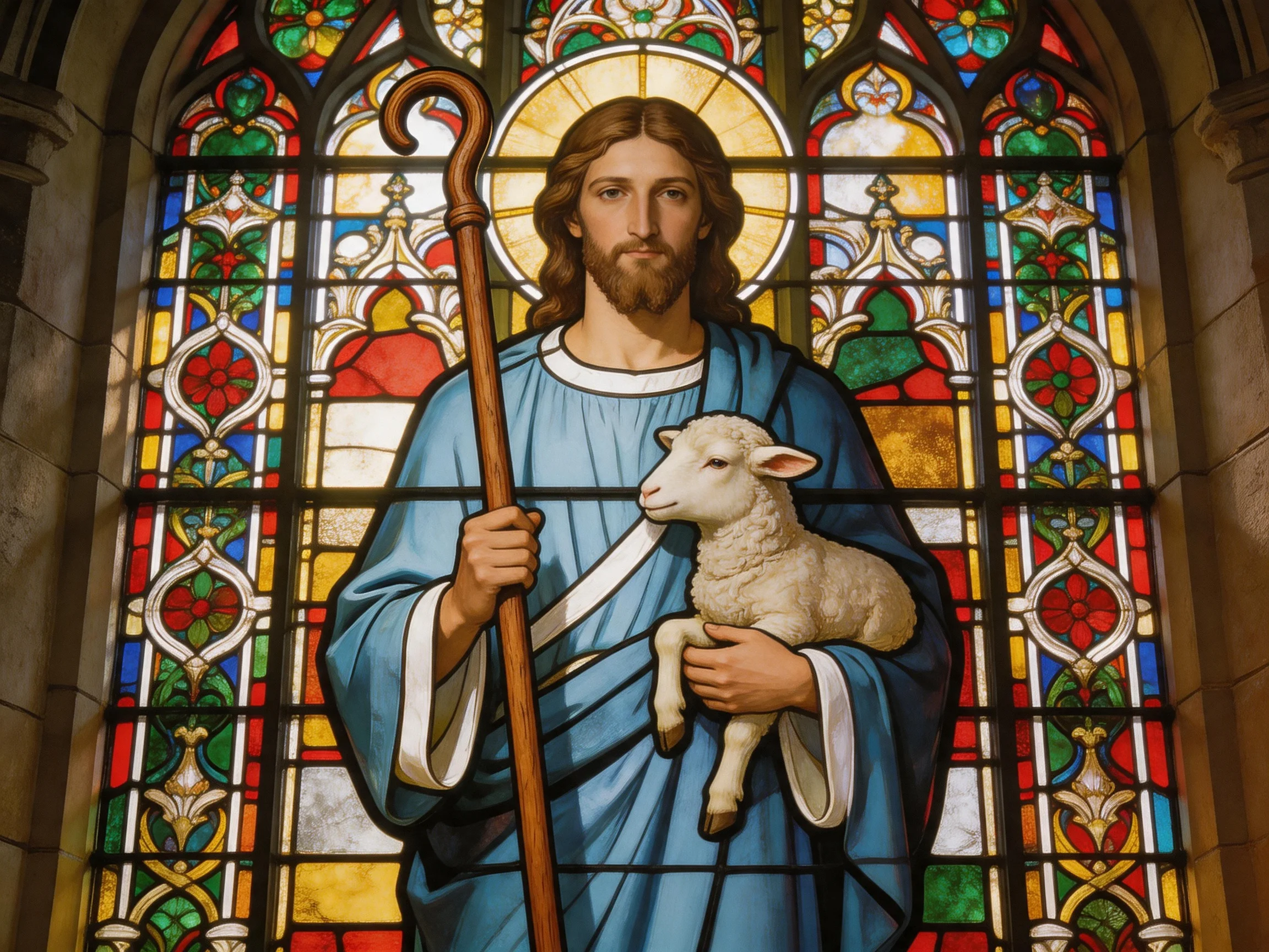 Stained Glass Depiction of Jesus with Lamb and Shepherds Staff