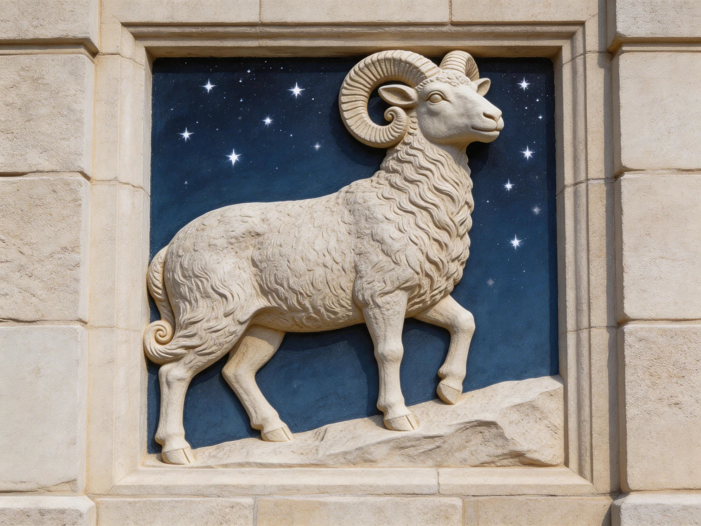 Stone ram sculpture with curved horns and starry backdrop