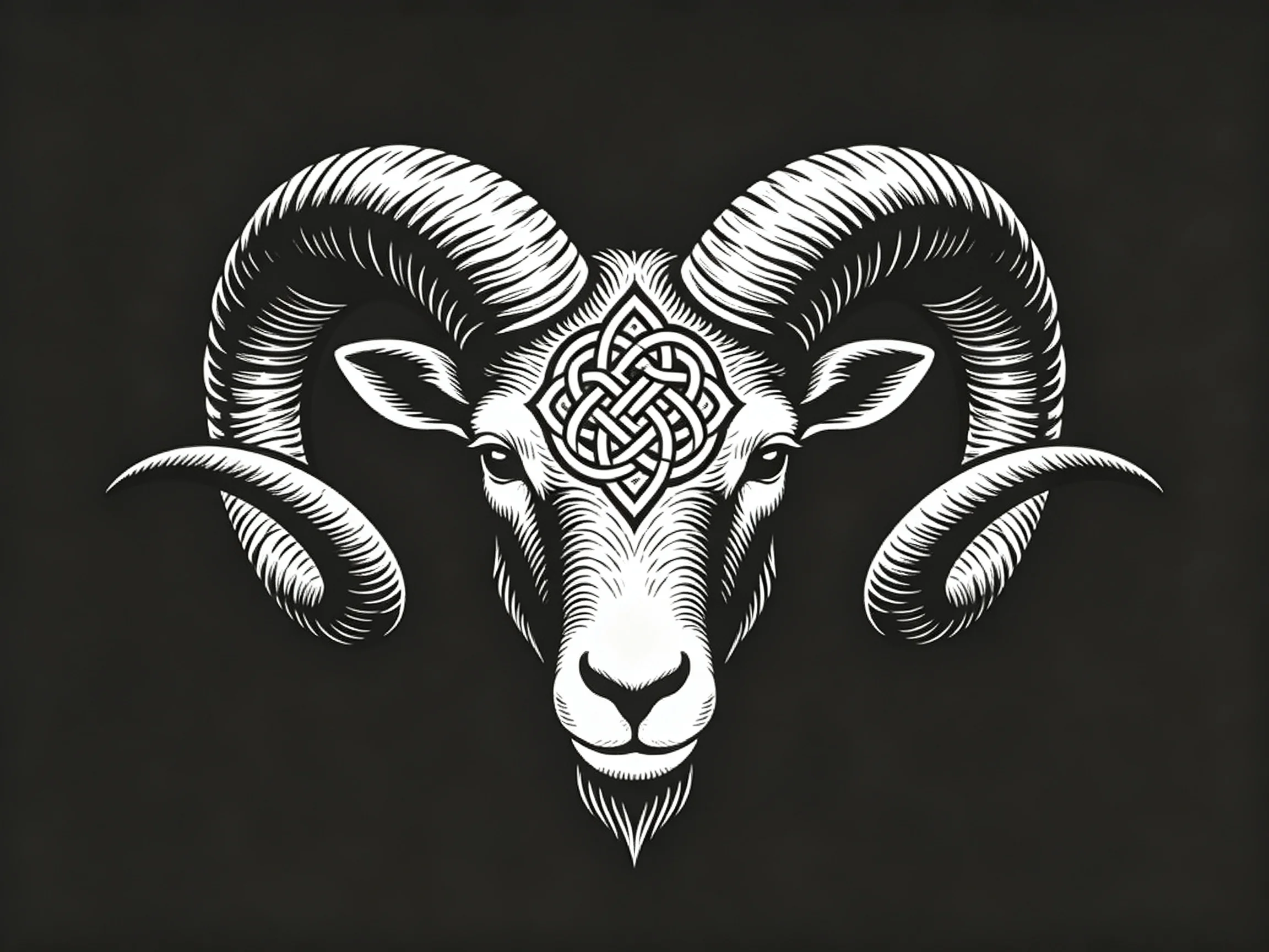 Stylized Ram Head with Celtic Knot and Prominent Horns