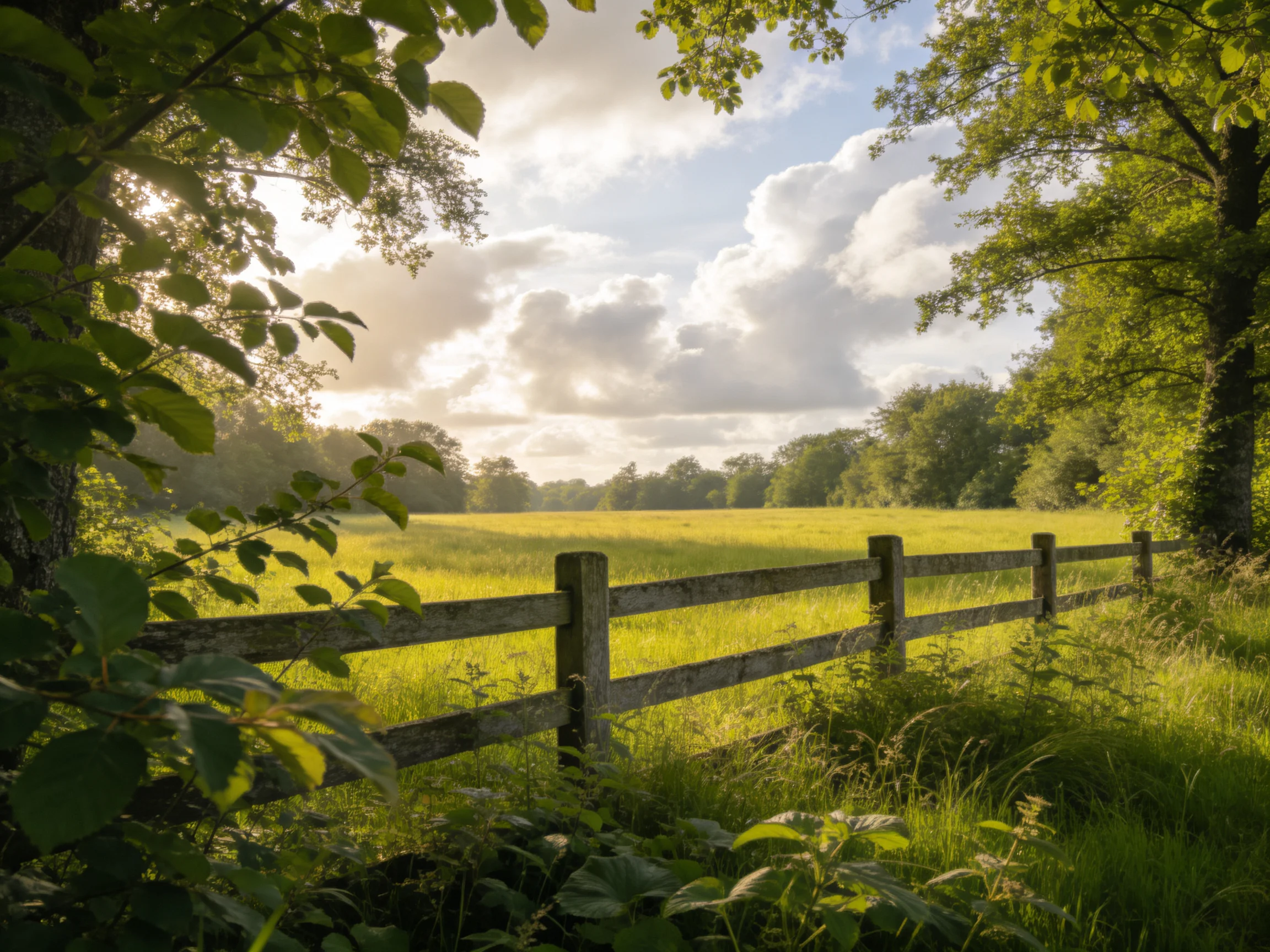 Sunlit Meadow with Weathered Fence and Lush Greenery