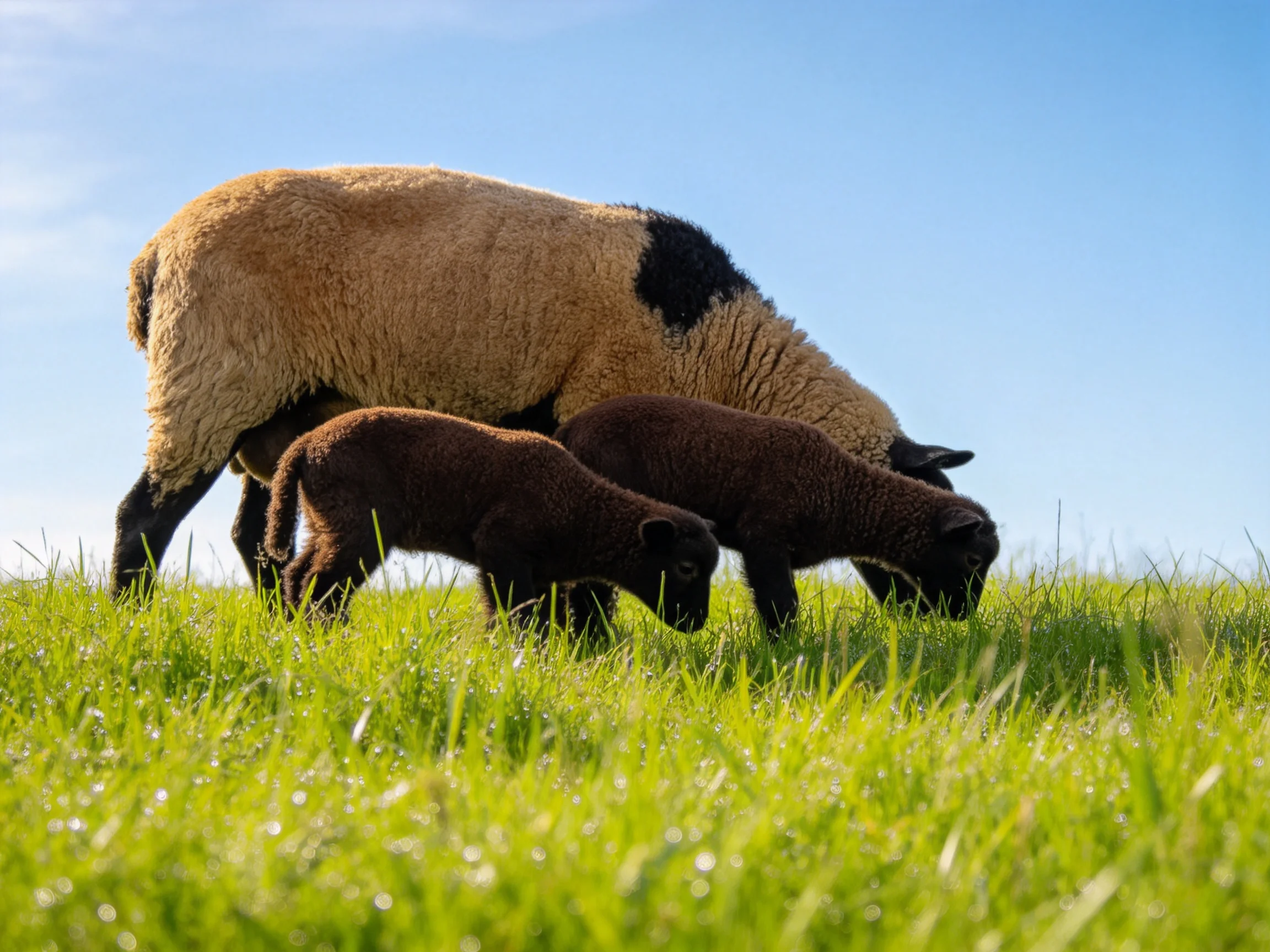 An adult sheep and two lambs graze together in a sunny meadow.