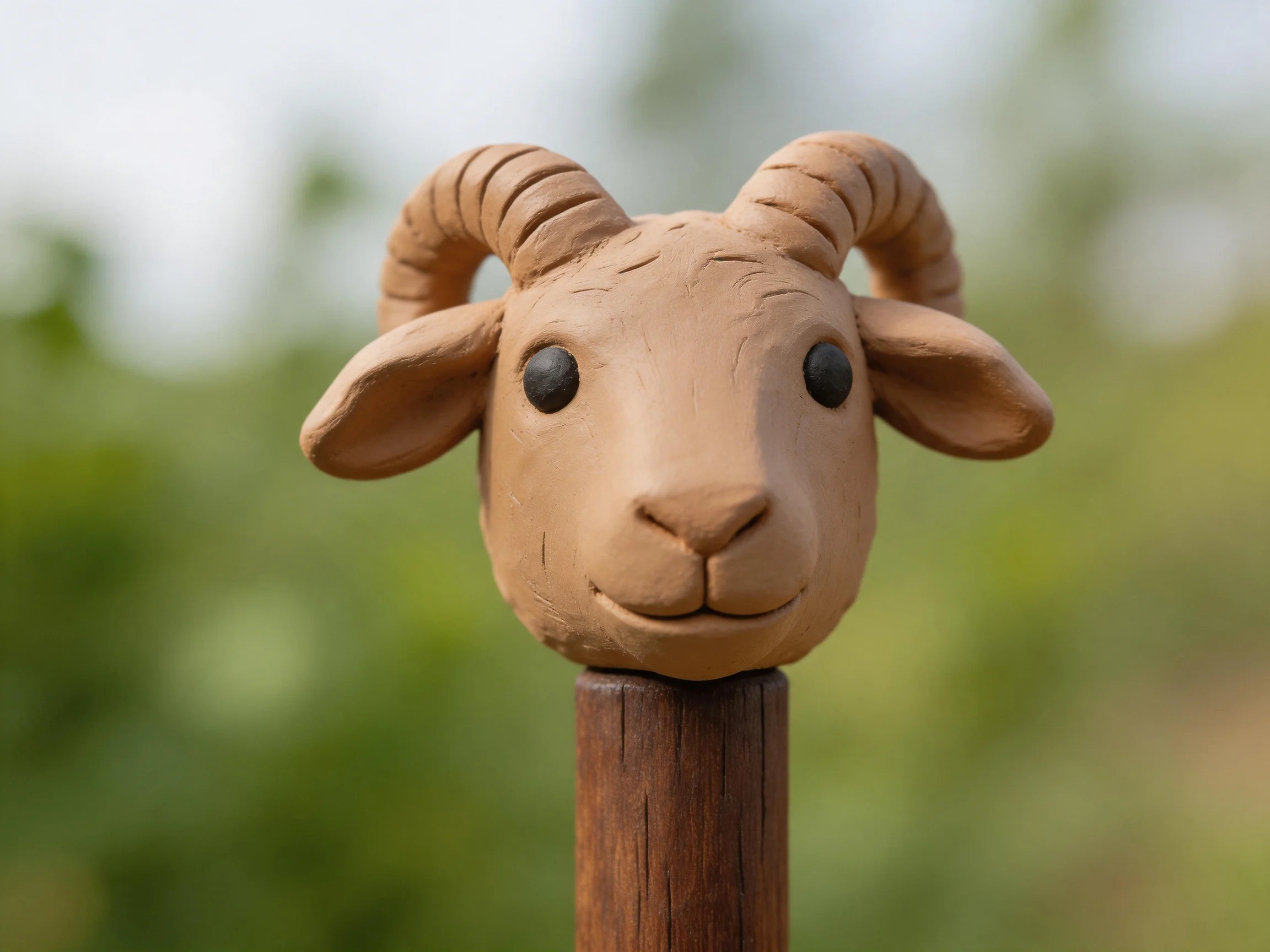 Tan clay goat head sculpture with curved horns on wooden post