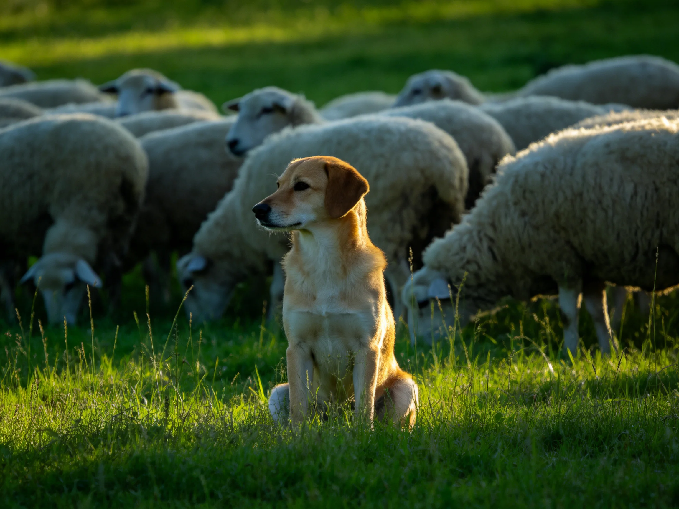 Tan dog sits near flock of white sheep in sunlit meadow