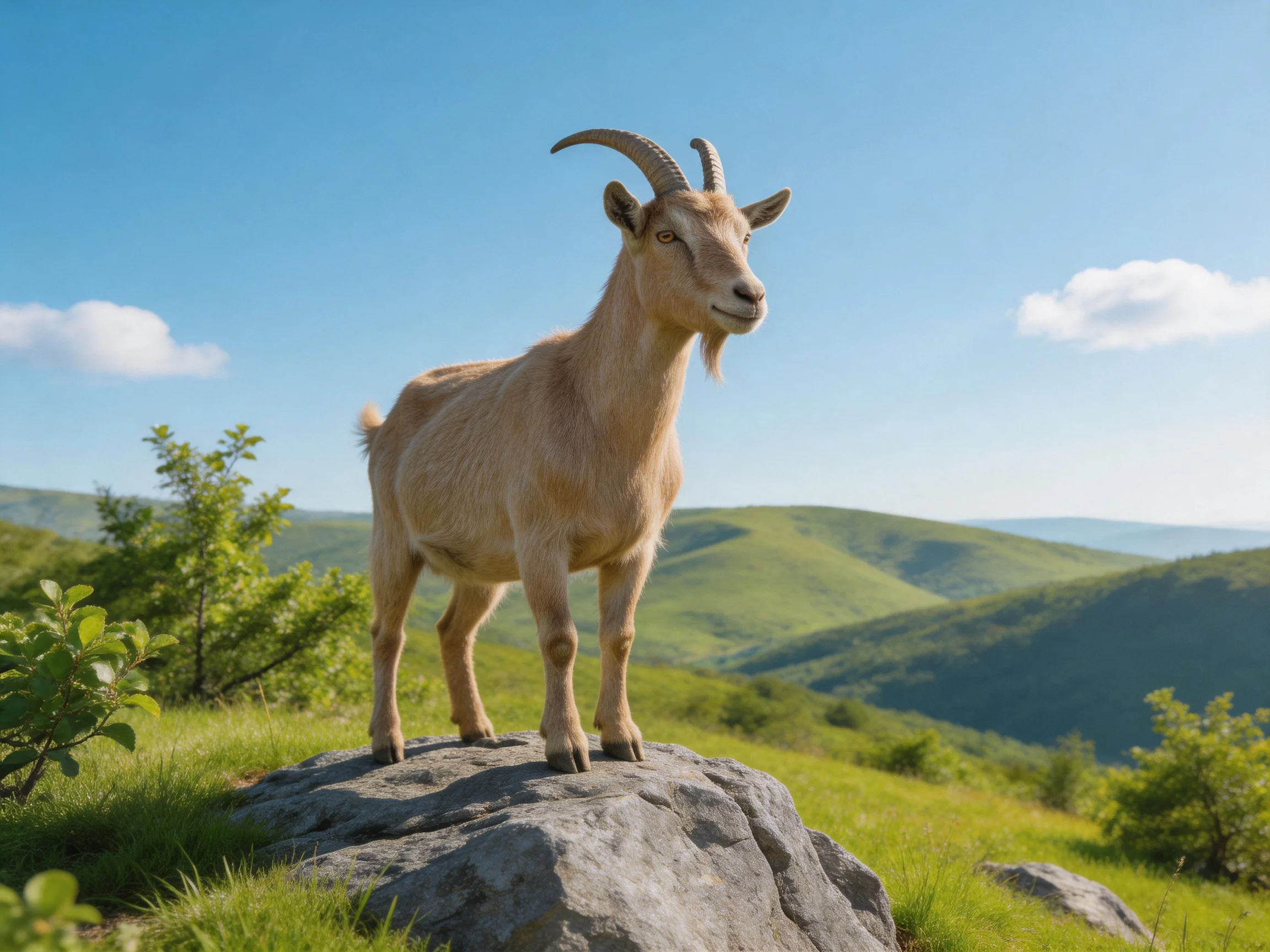 Tan goat stands on gray rock in lush green valley