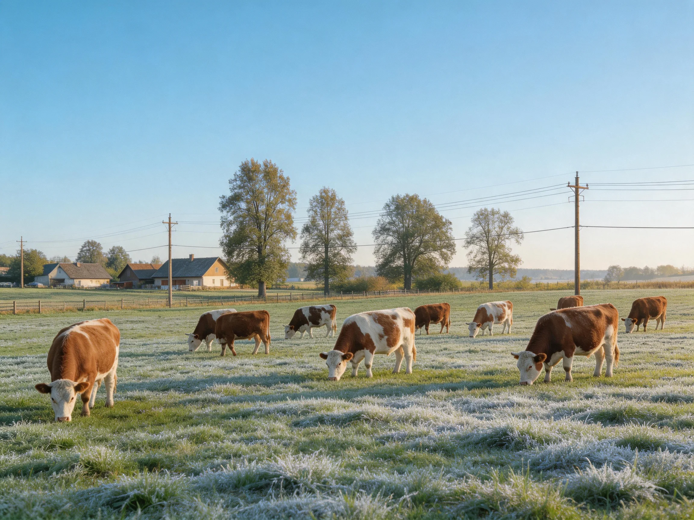 Ten brown and white cows graze in frosty morning pasture near farmhouses