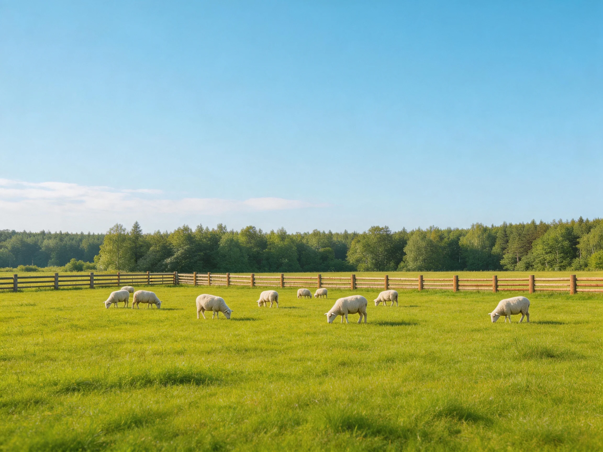 Ten sheep graze in a bright green pasture with a wooden fence