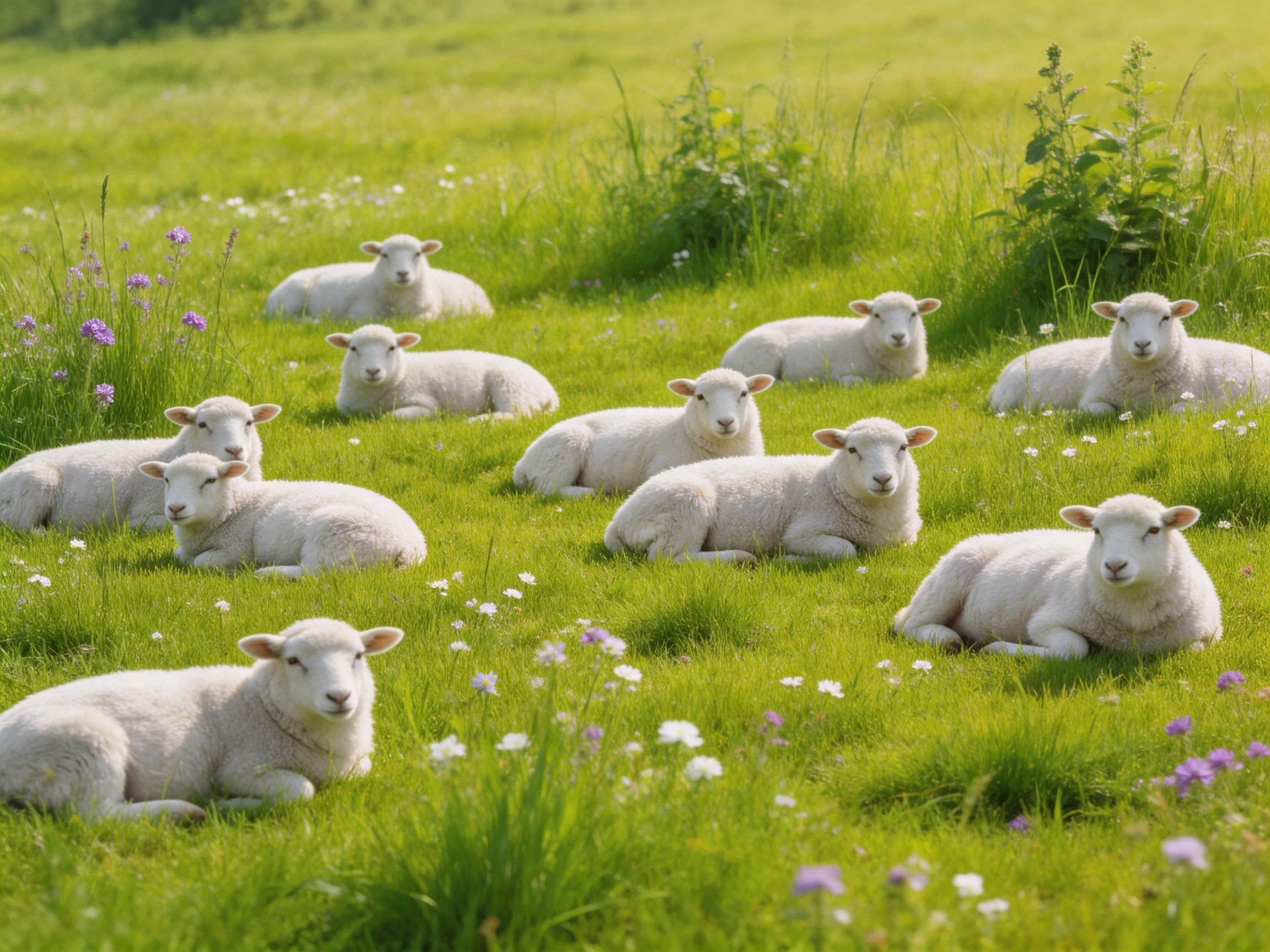 Ten white lambs rest in a vibrant green meadow with wildflowers