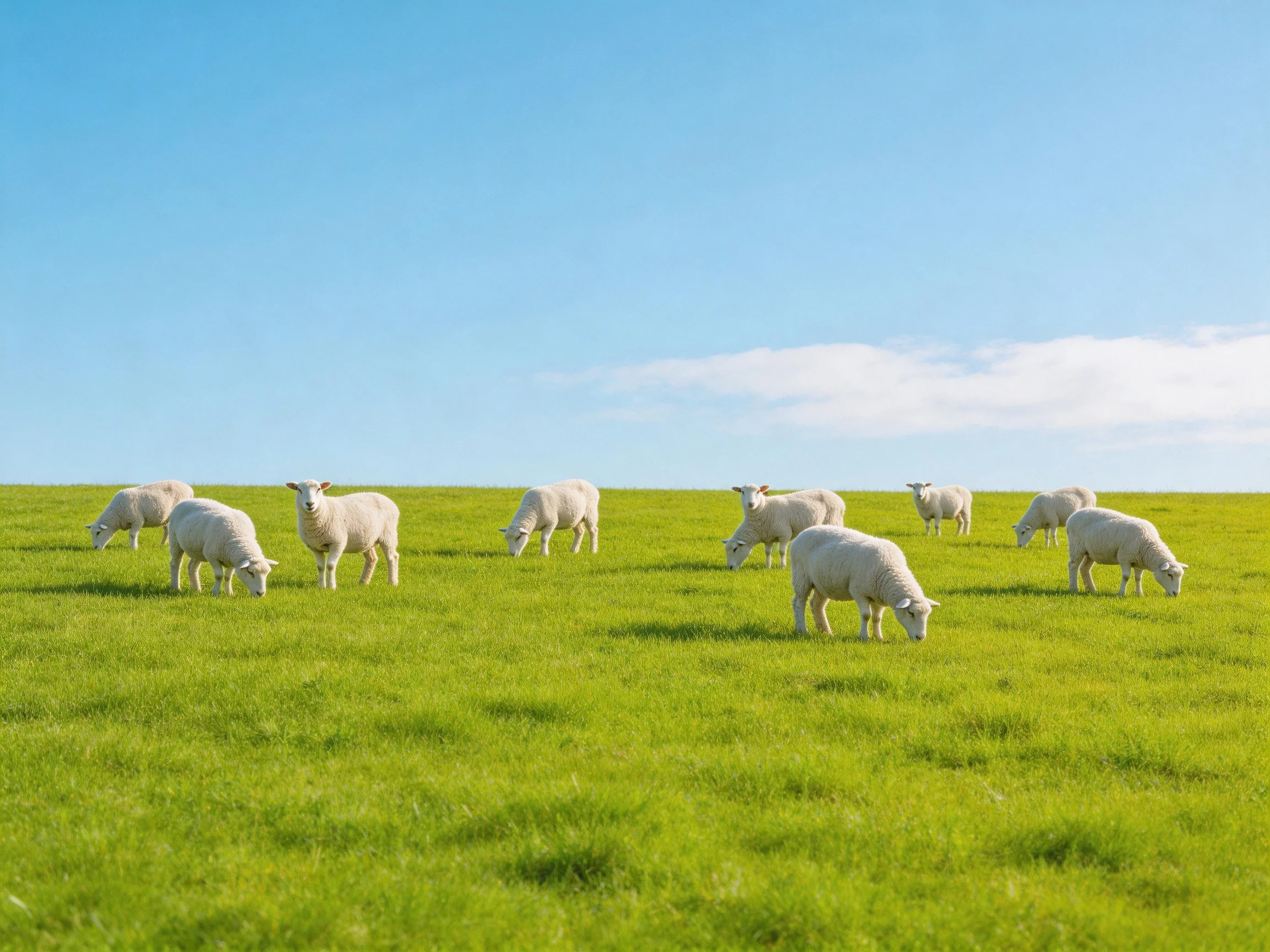 Ten white sheep graze in a lush green meadow beneath clear blue skies