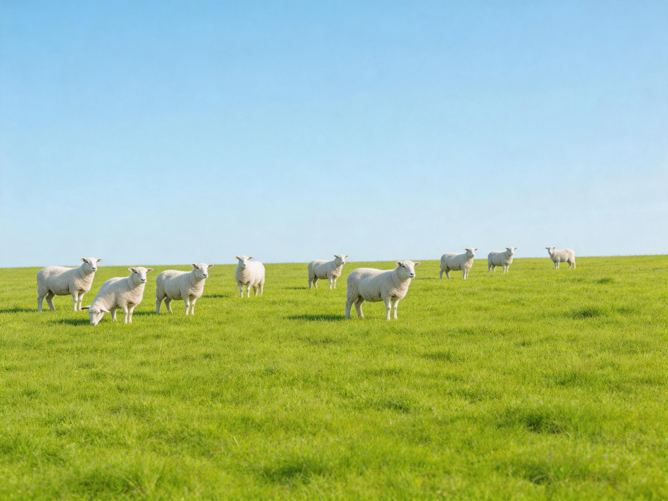 Ten white sheep graze in a lush green pasture under a clear blue sky