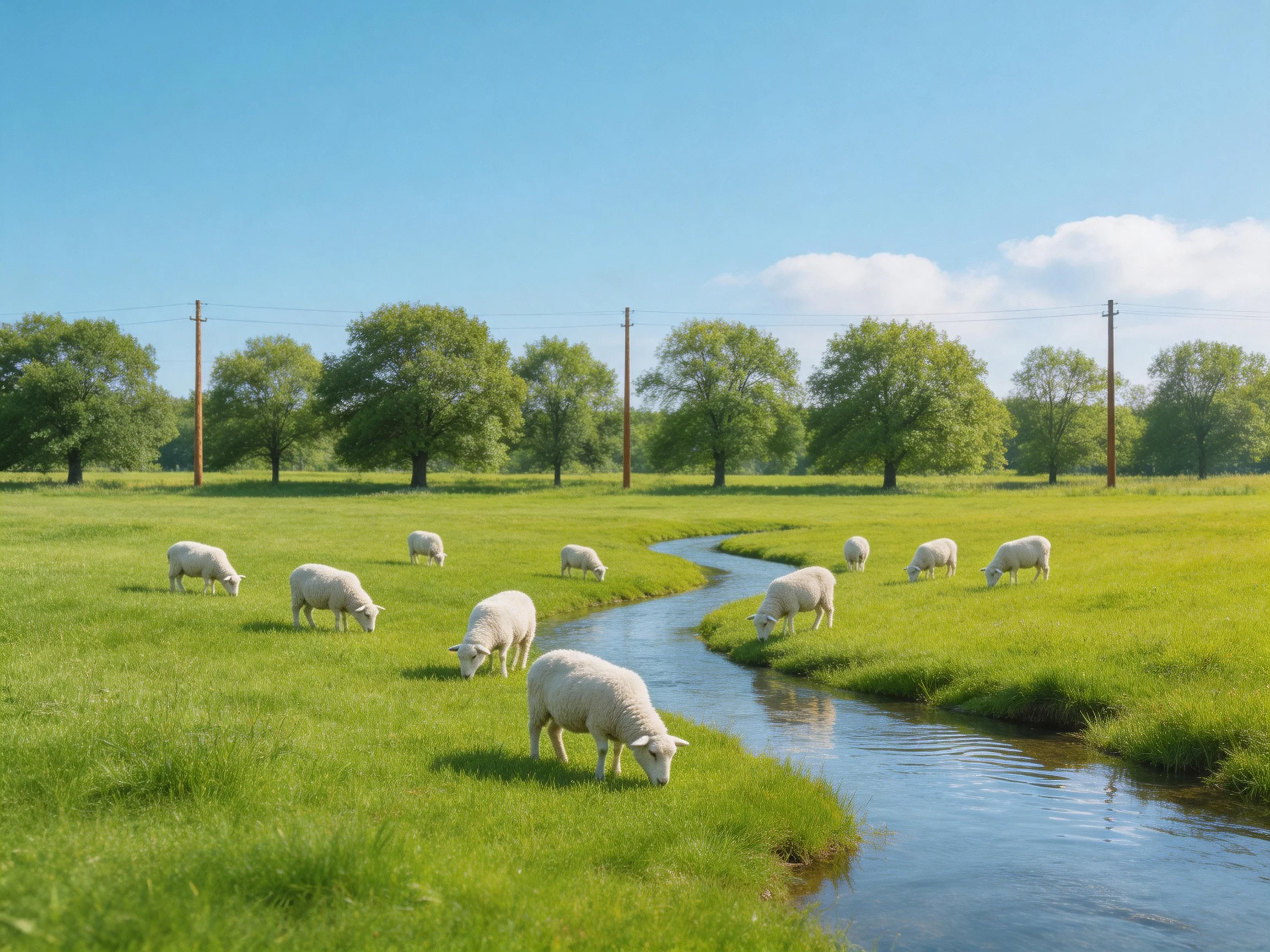Ten white sheep graze near a winding stream in lush green meadows
