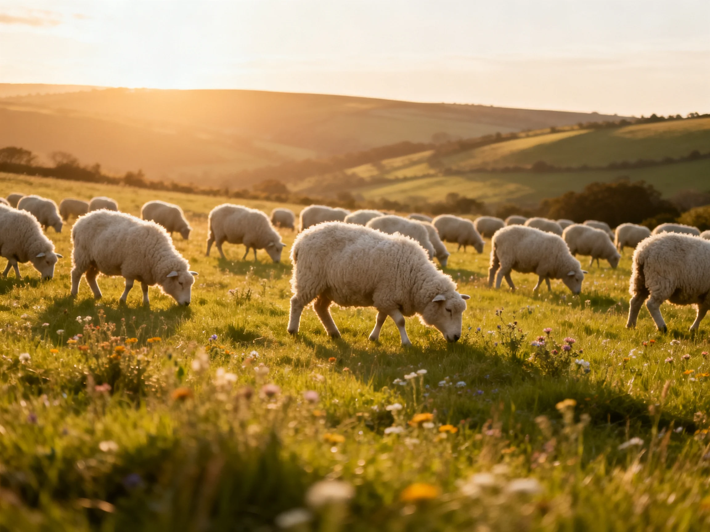 Thick-coated sheep graze in a sunlit green meadow with rolling hills