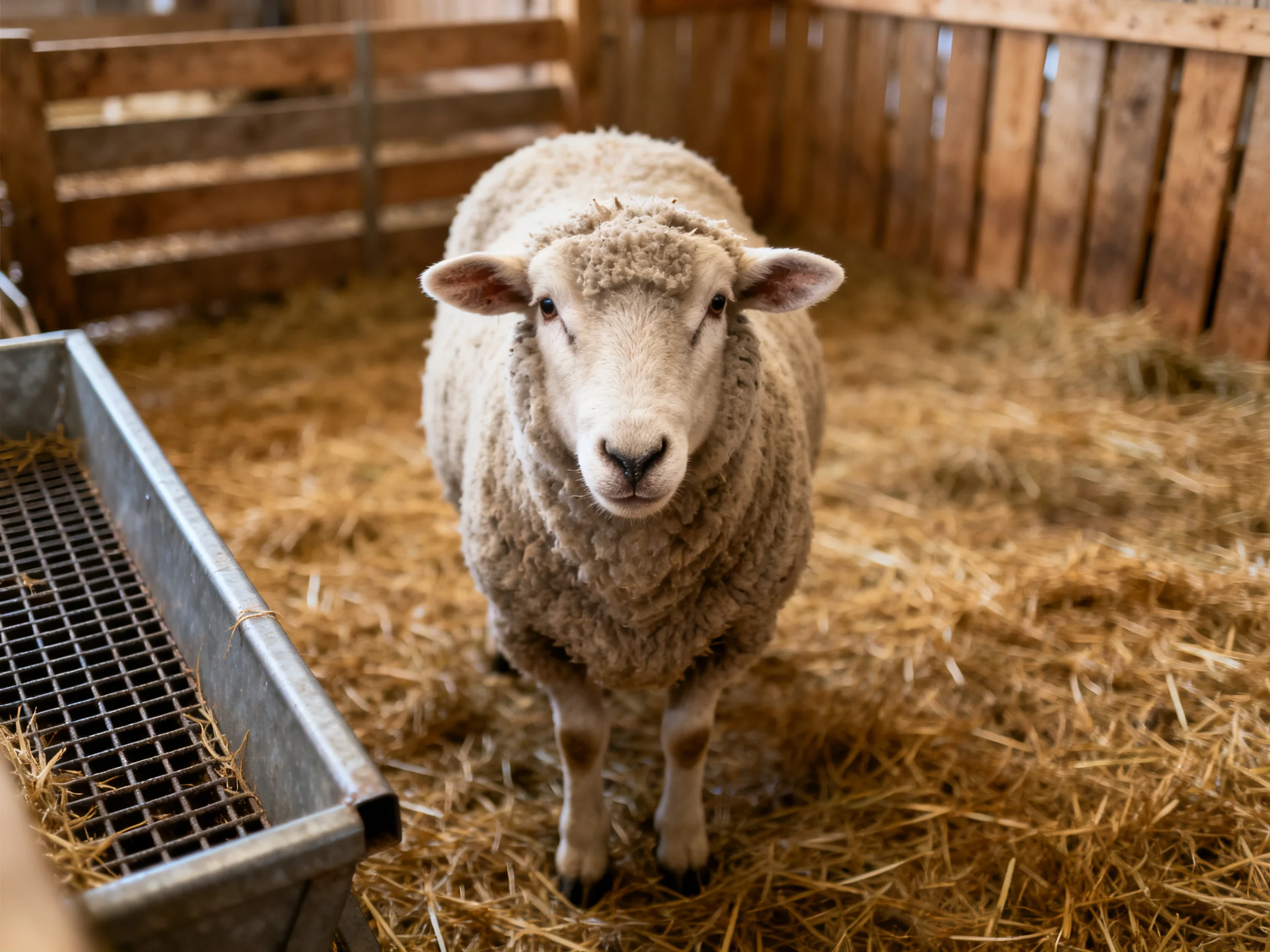Thick-coated sheep in wooden enclosure with straw bedding